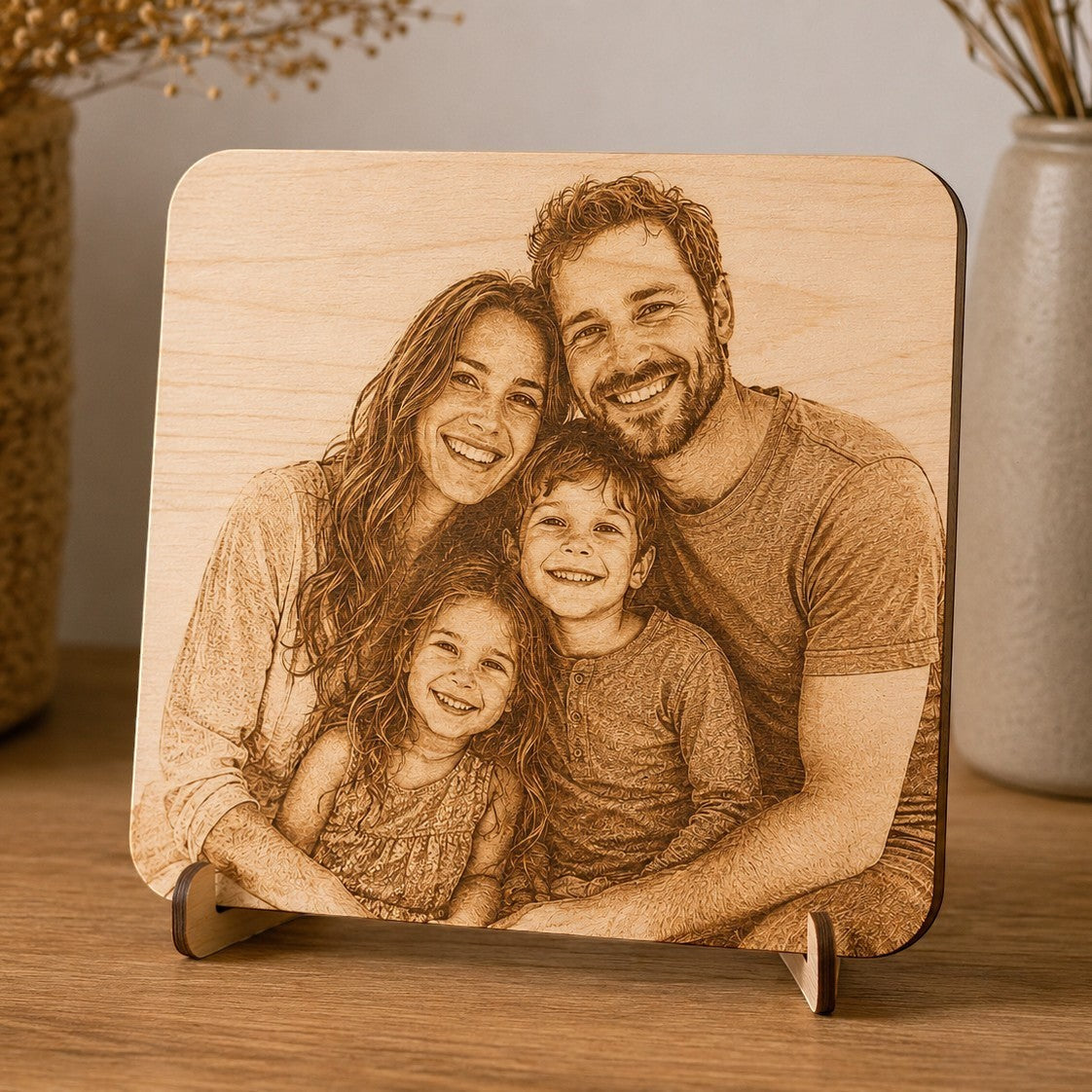 Wooderland personalized wooden portrait with a family photo engraved on a smooth board standing on a wooden base.