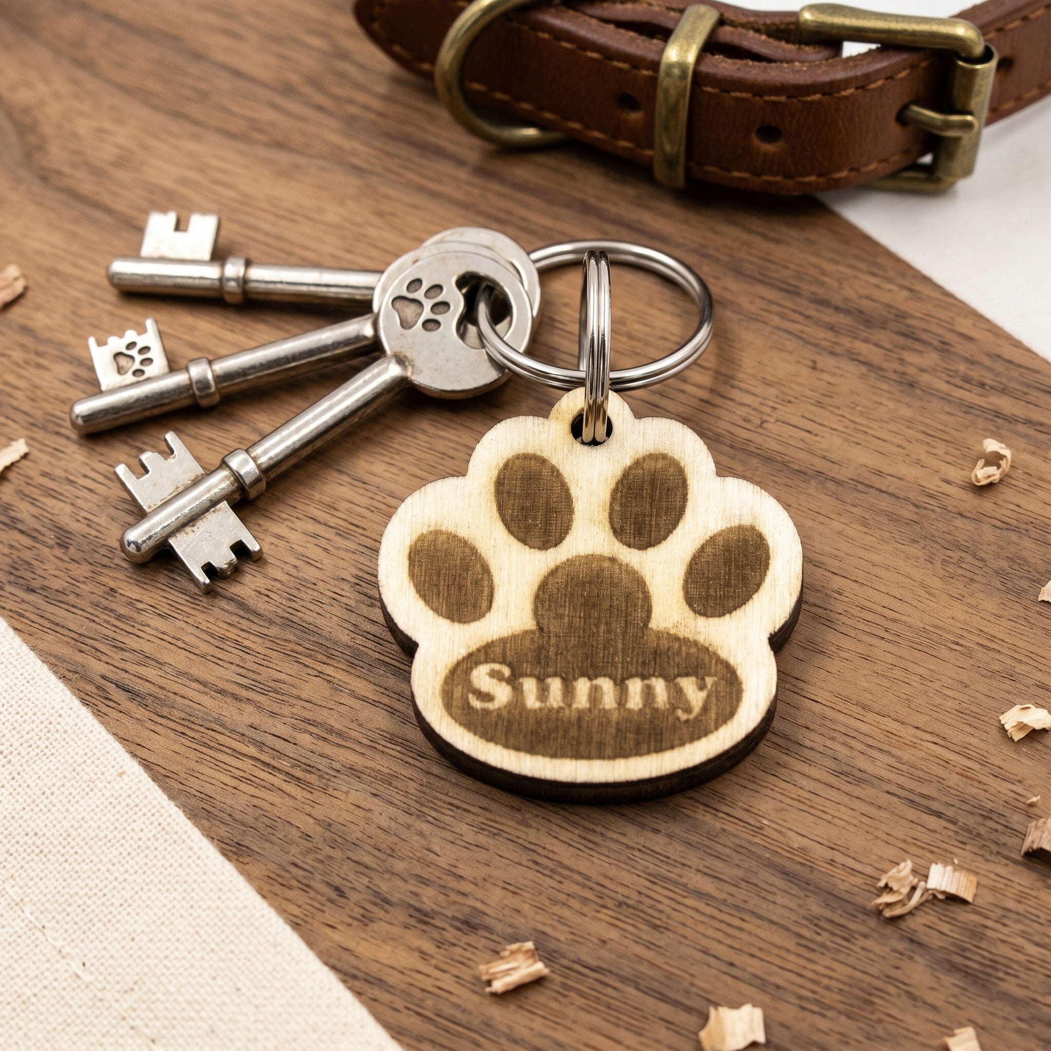 Wooderland custom engraved wooden dog tag in a paw print shape with the name Sunny, resting on a wooden surface.