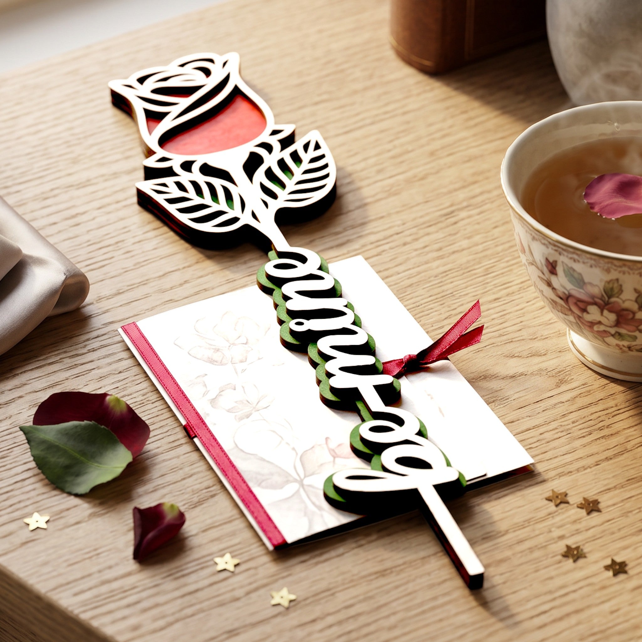 Wooderland engraved wooden rose with Be Mine text, resting on a wooden desk next to a teacup and greeting card.