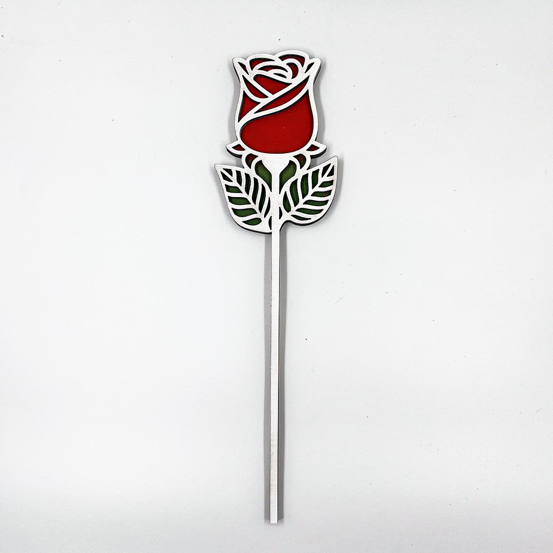 Wooderland engraved wooden rose with red petals and green leaves, a handmade Valentine's keepsake gift.