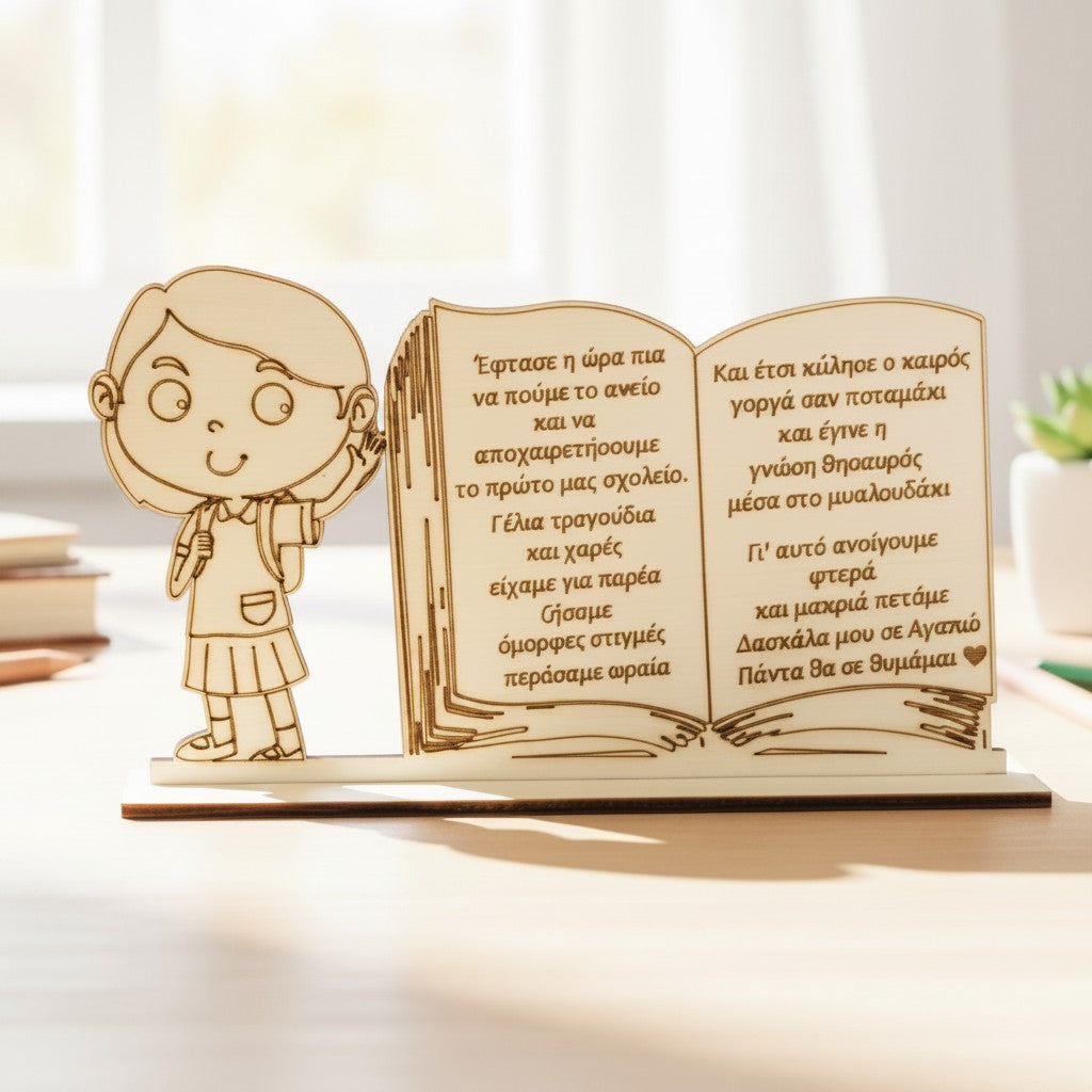 Wooderland wooden engraved teacher gift plate featuring a student character and a heartfelt Greek message on a stand.