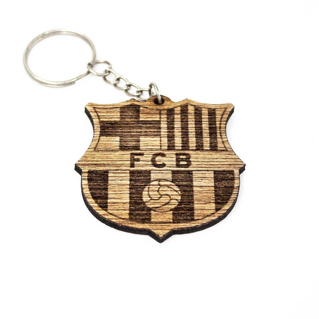 Wooderland custom wooden keyring featuring an engraved FC Barcelona football team logo on a white background.