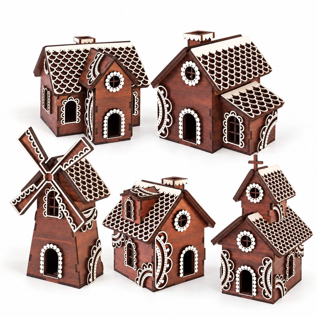 Draft mockup of five wooden gingerbread Christmas buildings without lighting