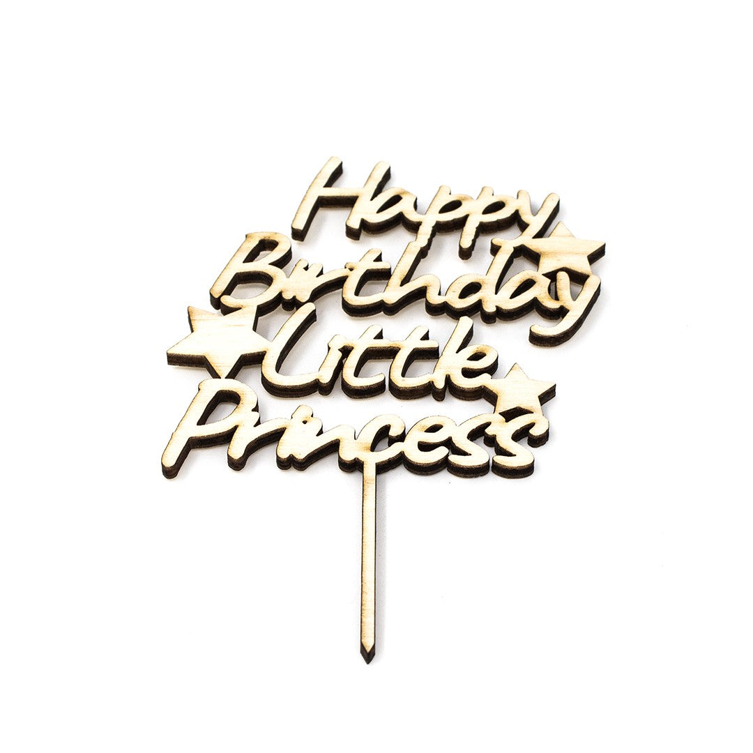 Wooderland Happy Birthday Little Princess wooden cake topper with laser-cut lettering and star accents