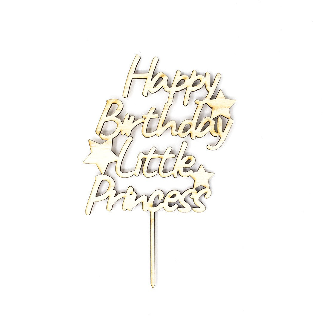 Wooderland Happy Birthday Little Princess wooden cake topper with laser-cut star accents and smooth natural finish.