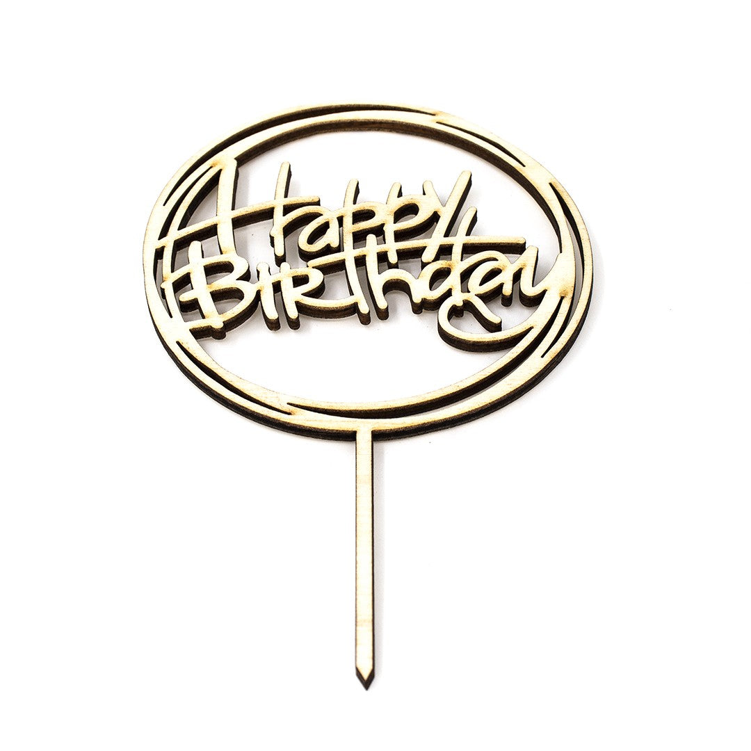 Wooderland laser-cut wooden Happy Birthday cake topper with a circular frame design on a white background.