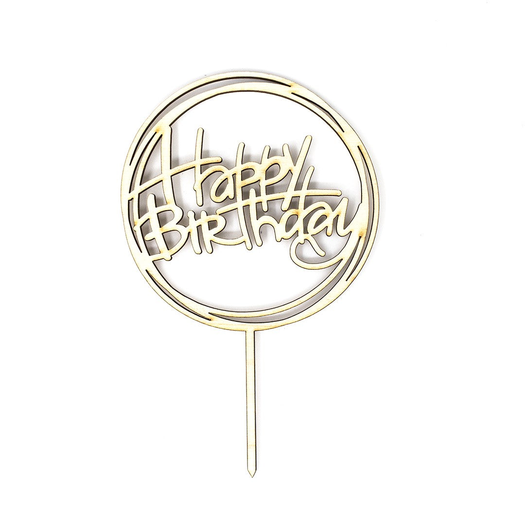 Wooderland laser-cut wooden Happy Birthday cake topper with a circular frame design on a white background.