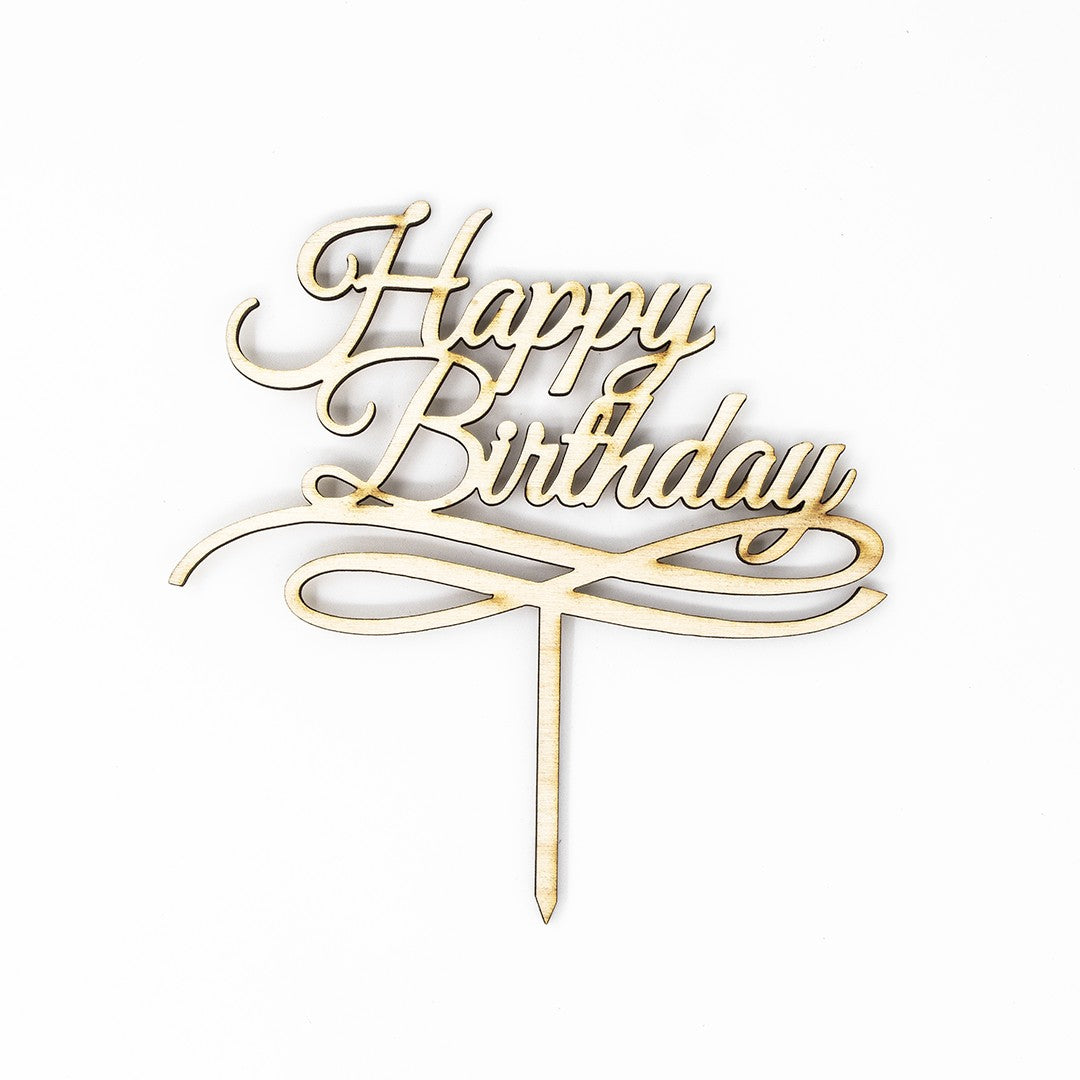 Wooderland laser-cut wooden Happy Birthday cake topper with elegant cursive script and decorative flourish