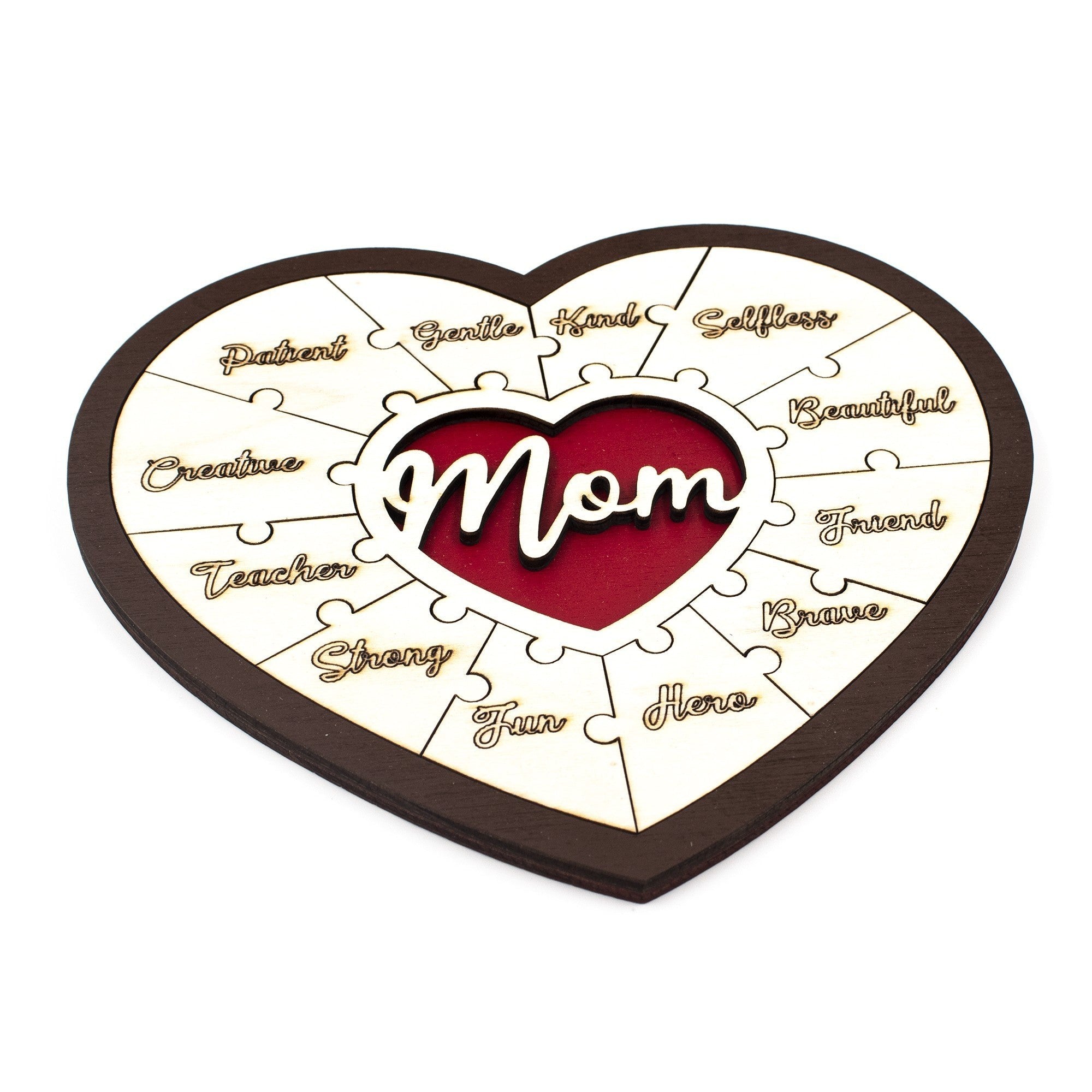 Wooderland heart-shaped wooden puzzle for Mom featuring engraved positive traits and a central red Mom cutout.