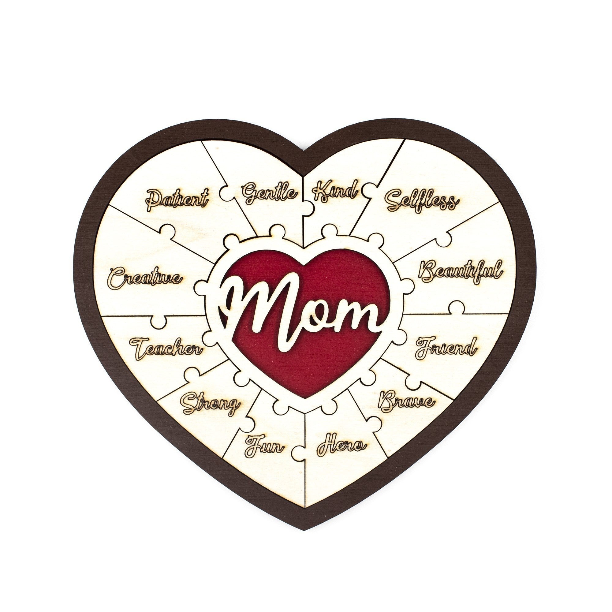 Wooderland heart-shaped wooden puzzle for mom featuring engraved positive traits and a red center piece