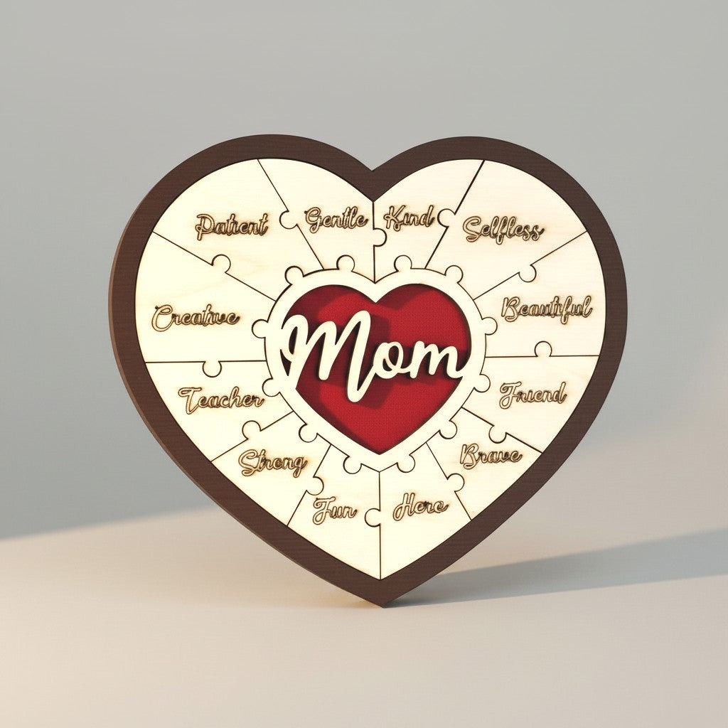 Wooderland heart-shaped wooden puzzle for Mom featuring engraved positive traits and a central red heart cutout