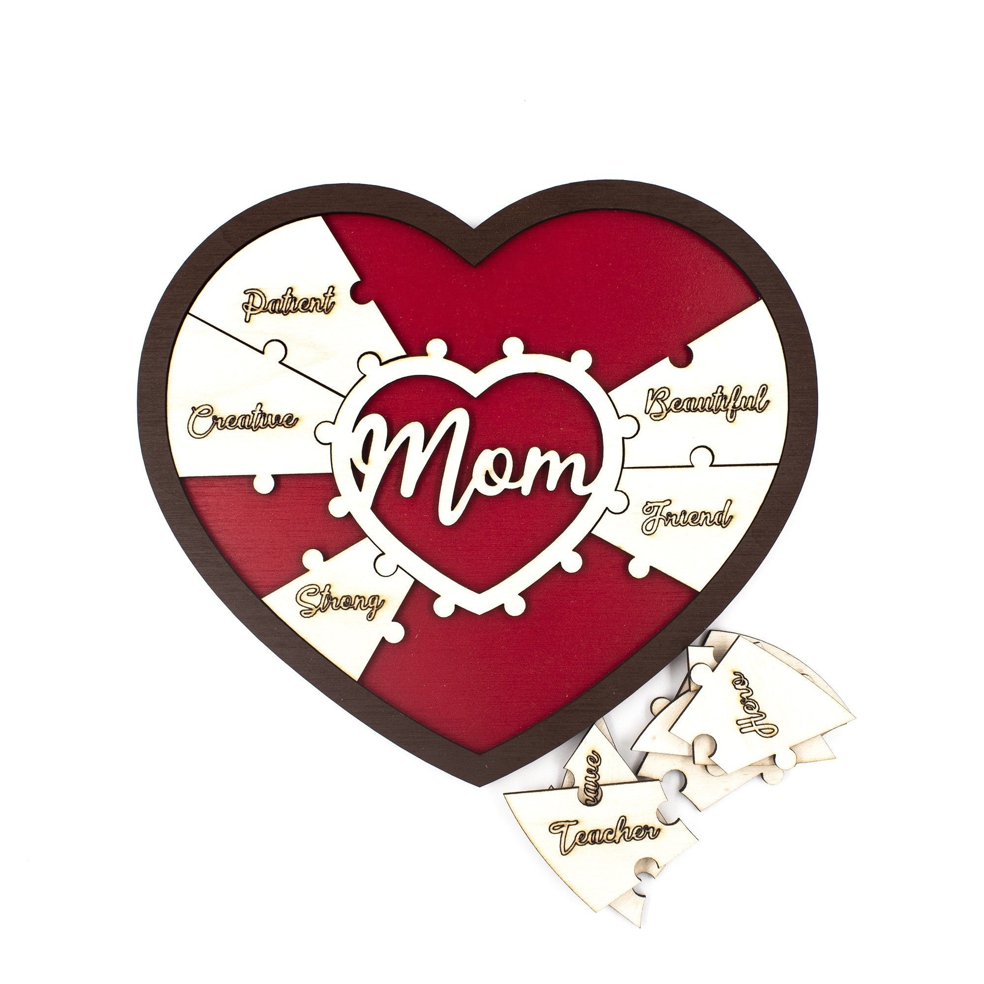 Wooderland heart-shaped wooden puzzle for mom with engraved words like Patient, Creative, and Strong on red background