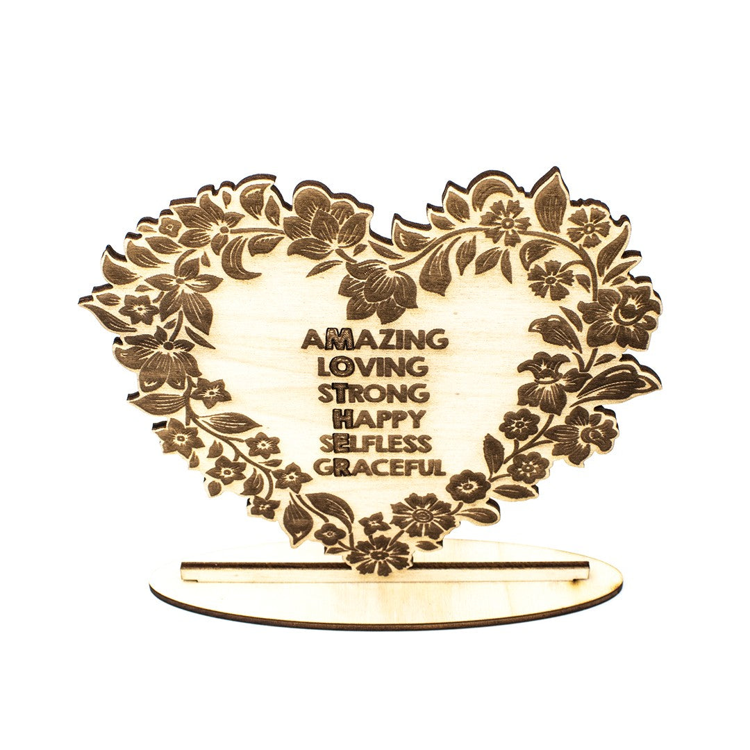 Wooderland heart-shaped wooden portrait with floral engraving and inspirational words for Mother's Day gift.
