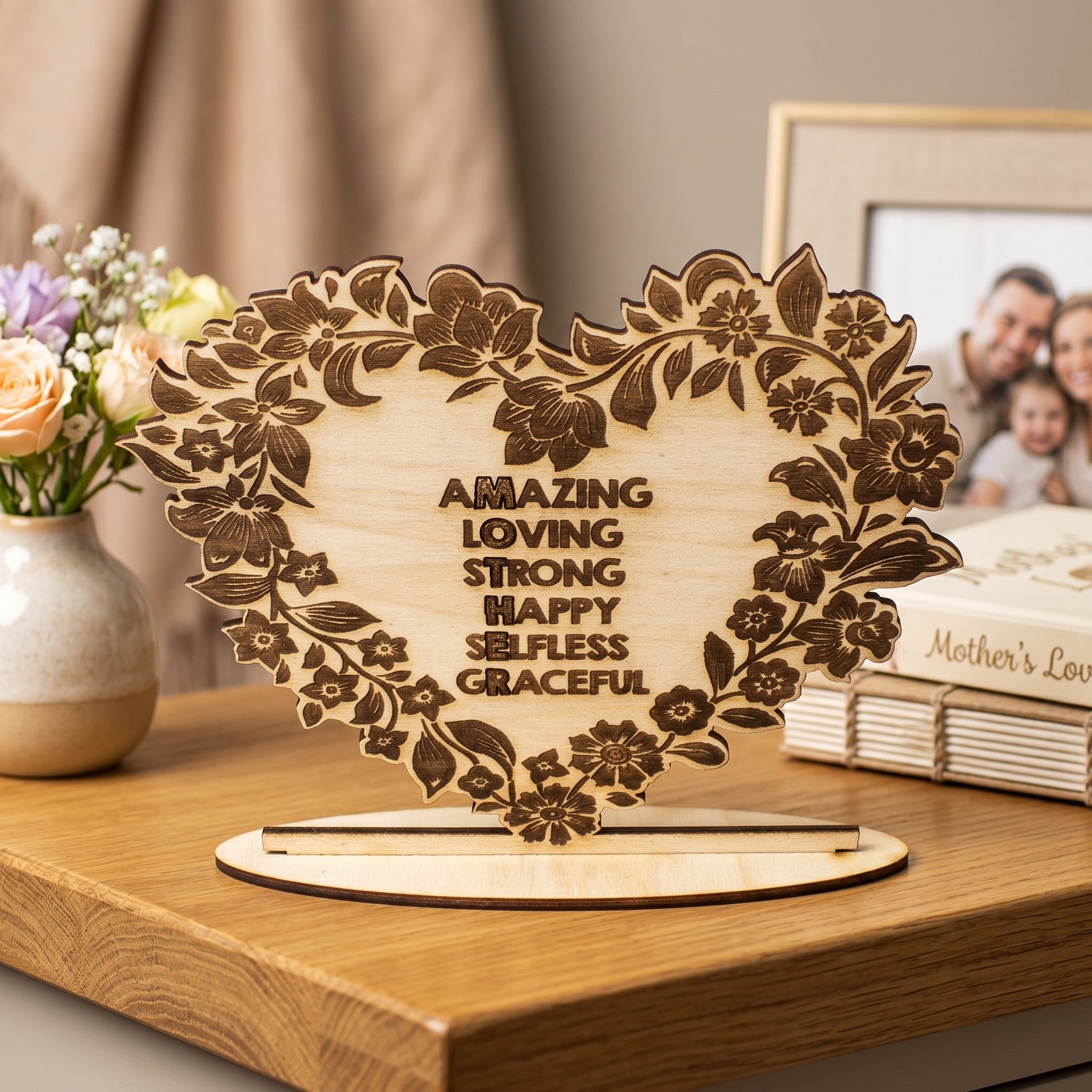 Wooderland heart-shaped wooden portrait with floral engraving and personalized text for Mother's Day gift