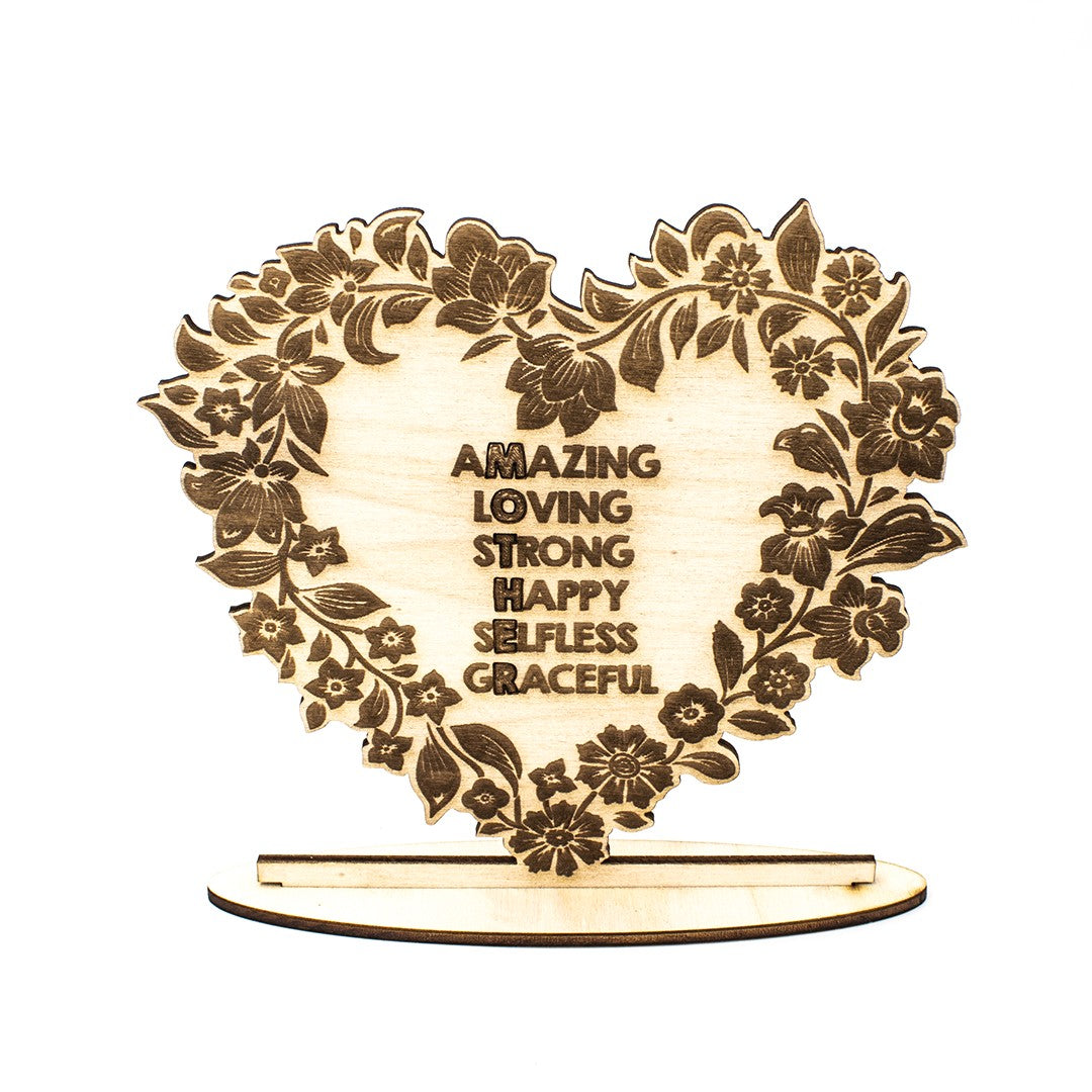 Wooderland heart-shaped wooden portrait with floral engraving and inspirational words for Mother's Day gift