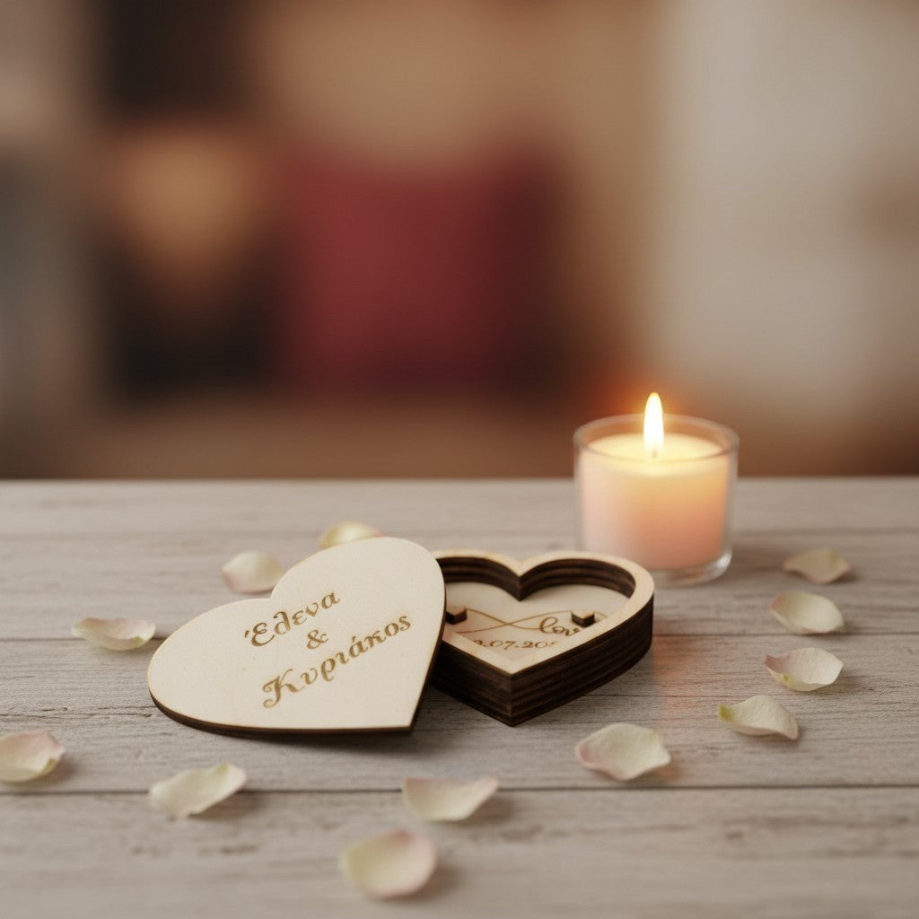 Wooderland heart-shaped wooden wedding ring box with custom engraving, displayed on a table with a lit candle.