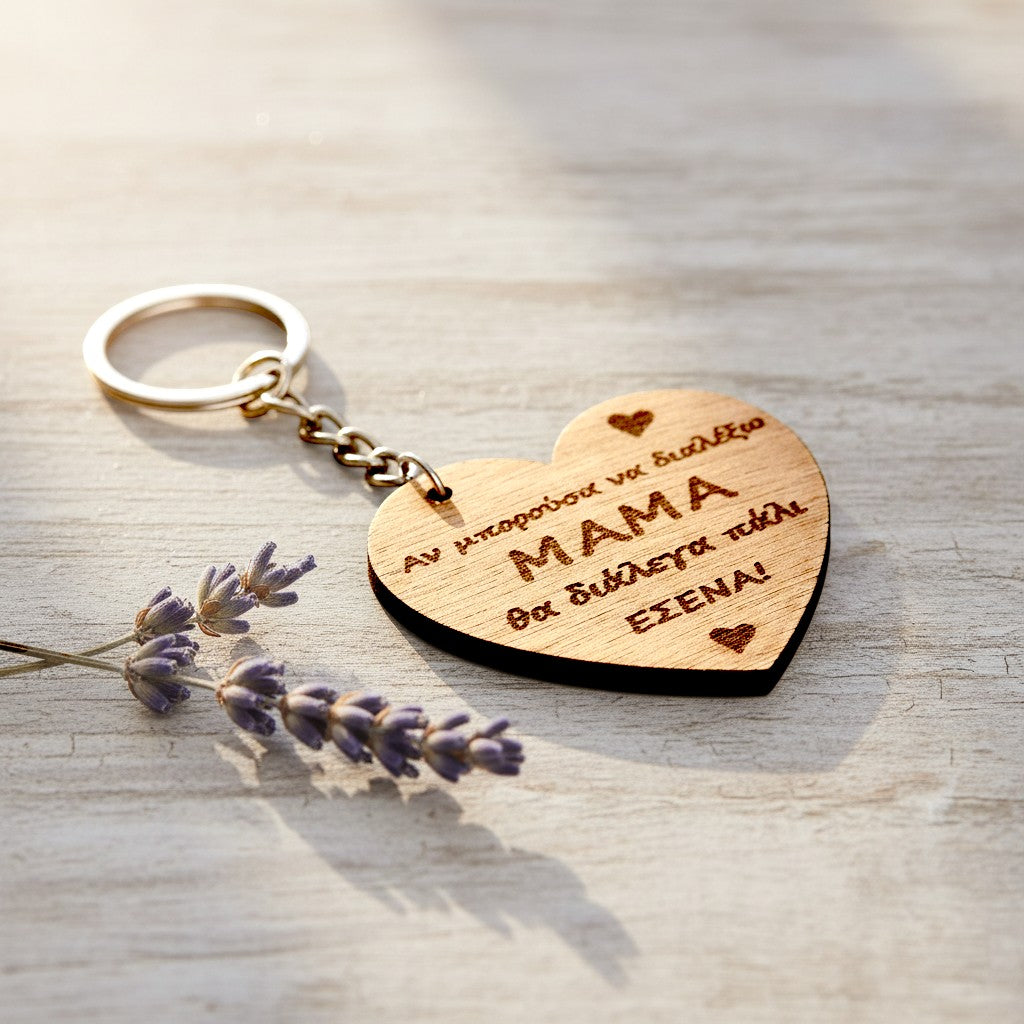 Wooderland heart-shaped wooden keyring with Greek inscription for mom, resting on a rustic wooden surface.