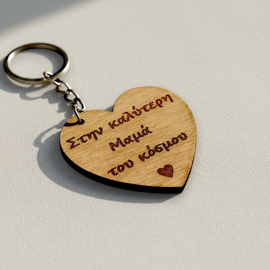Wooderland heart-shaped wooden keyring with engraved Greek text for mom on a light surface