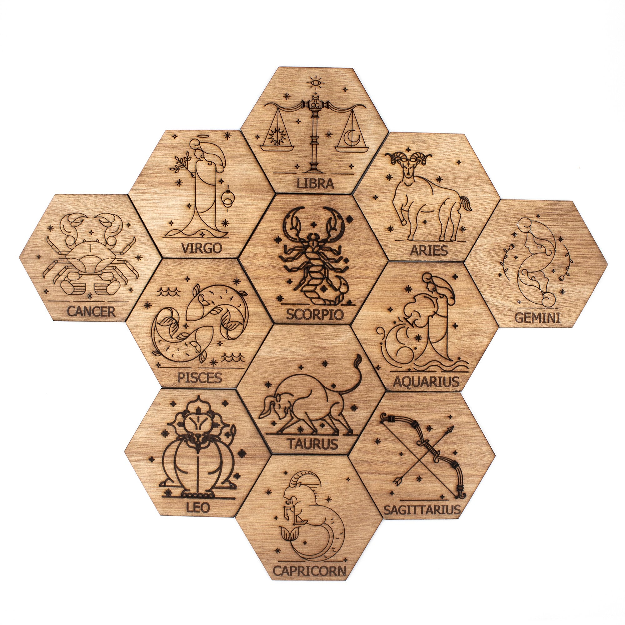 Wooderland set of 12 hexagonal ocume wood coasters featuring laser-engraved zodiac signs and astrological symbols.