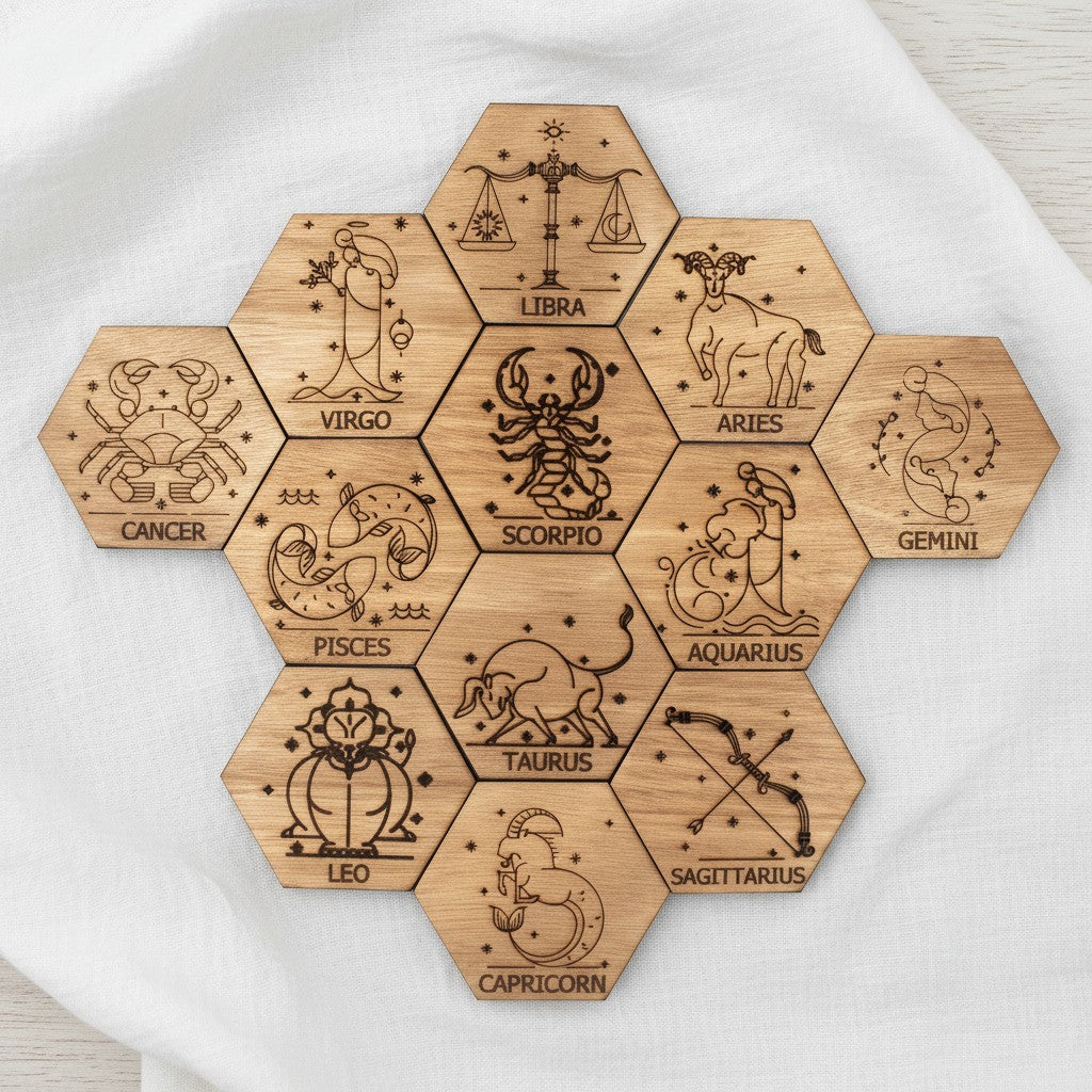 Wooderland set of 12 hexagonal ocume wood coasters featuring intricate laser-engraved zodiac signs on a white cloth.
