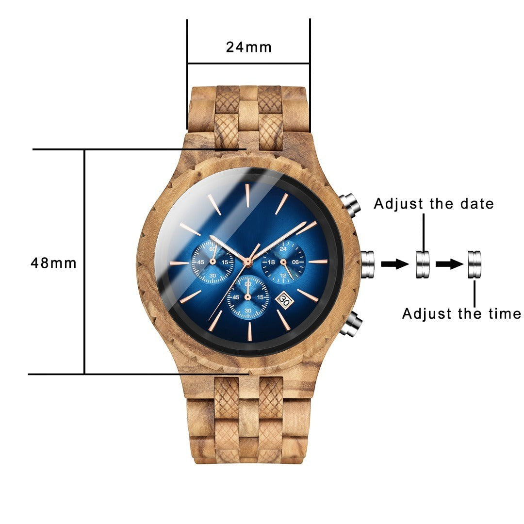 Wooderland Jupiter wooden chronograph watch with a blue face, date display, and stopwatch features.