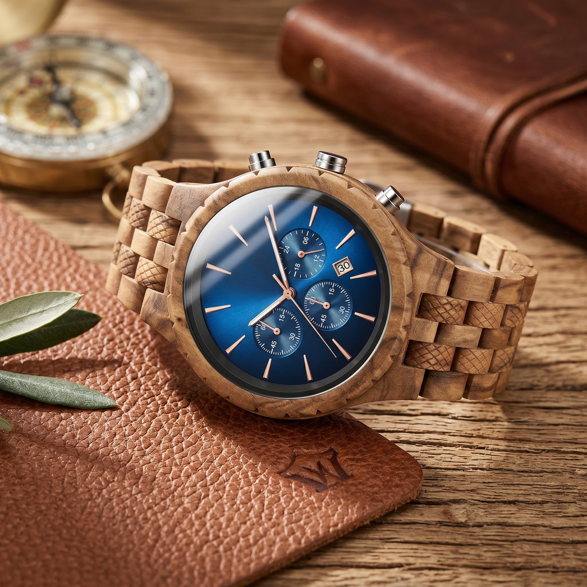 Wooderland Jupiter wooden wristwatch with a blue sunray dial, chronograph sub-dials, and a natural wood link band.