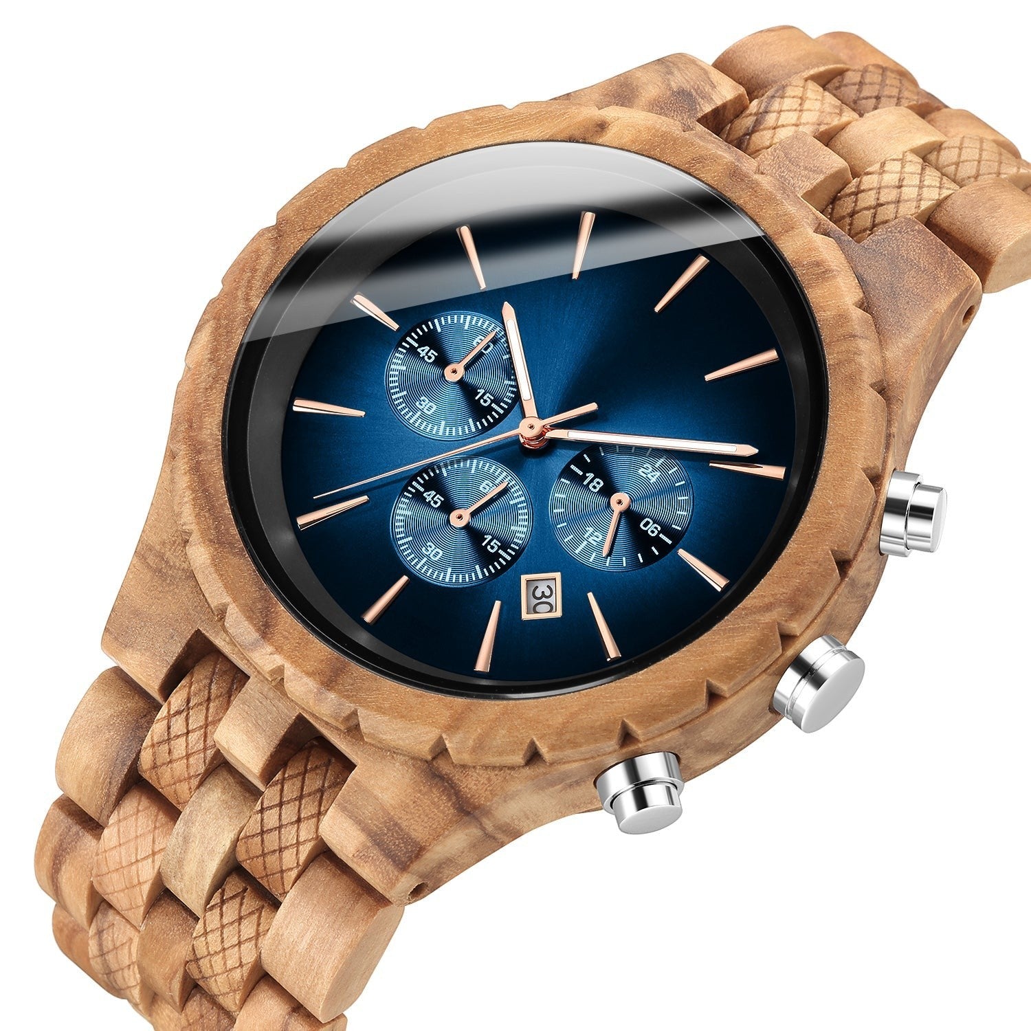Wooderland Jupiter wooden chronograph watch with a blue sunray dial, rose gold hands, and a textured wooden link band.
