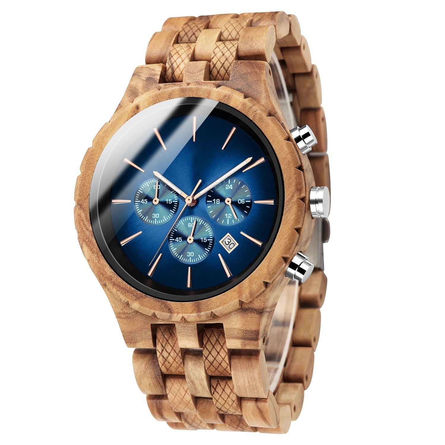 Wooderland Jupiter wooden wristwatch with a blue chronograph dial and rose gold hands on a natural wood link band.