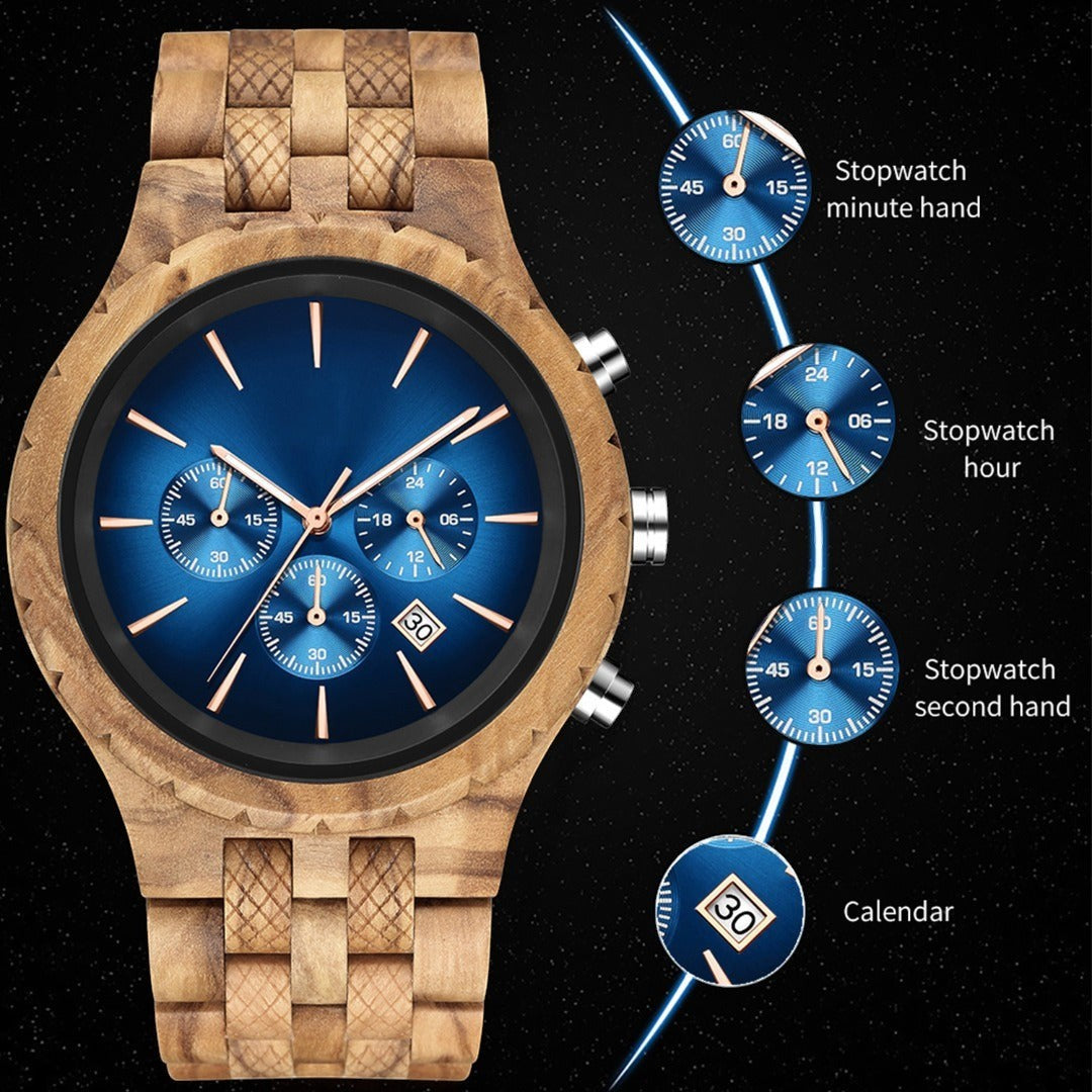 Wooderland Jupiter wooden wristwatch with a blue chronograph dial, gold hands, and detailed stopwatch sub-dials.