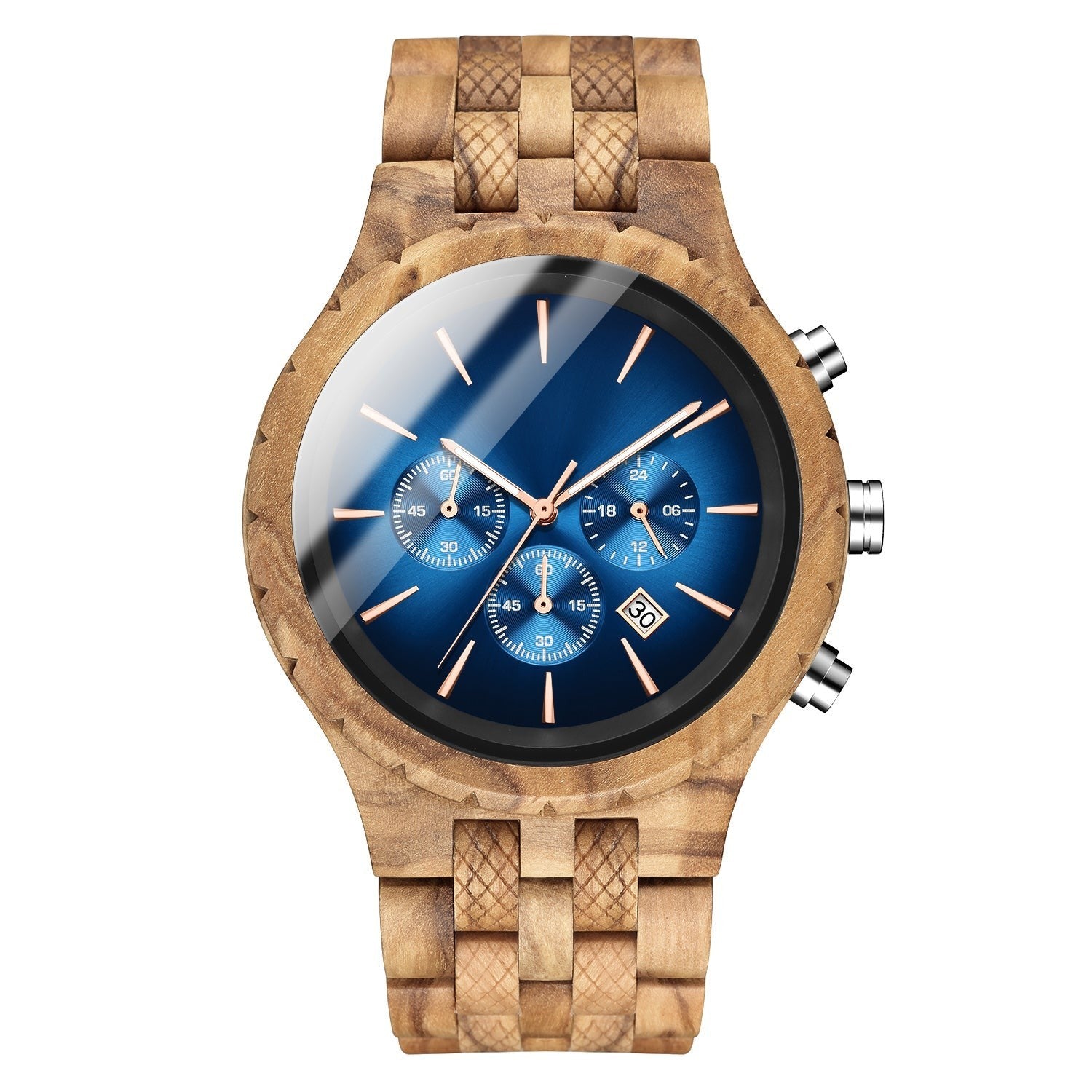 Wooderland Jupiter wooden wristwatch with a blue chronograph dial, rose gold hands, and a natural wood link band.