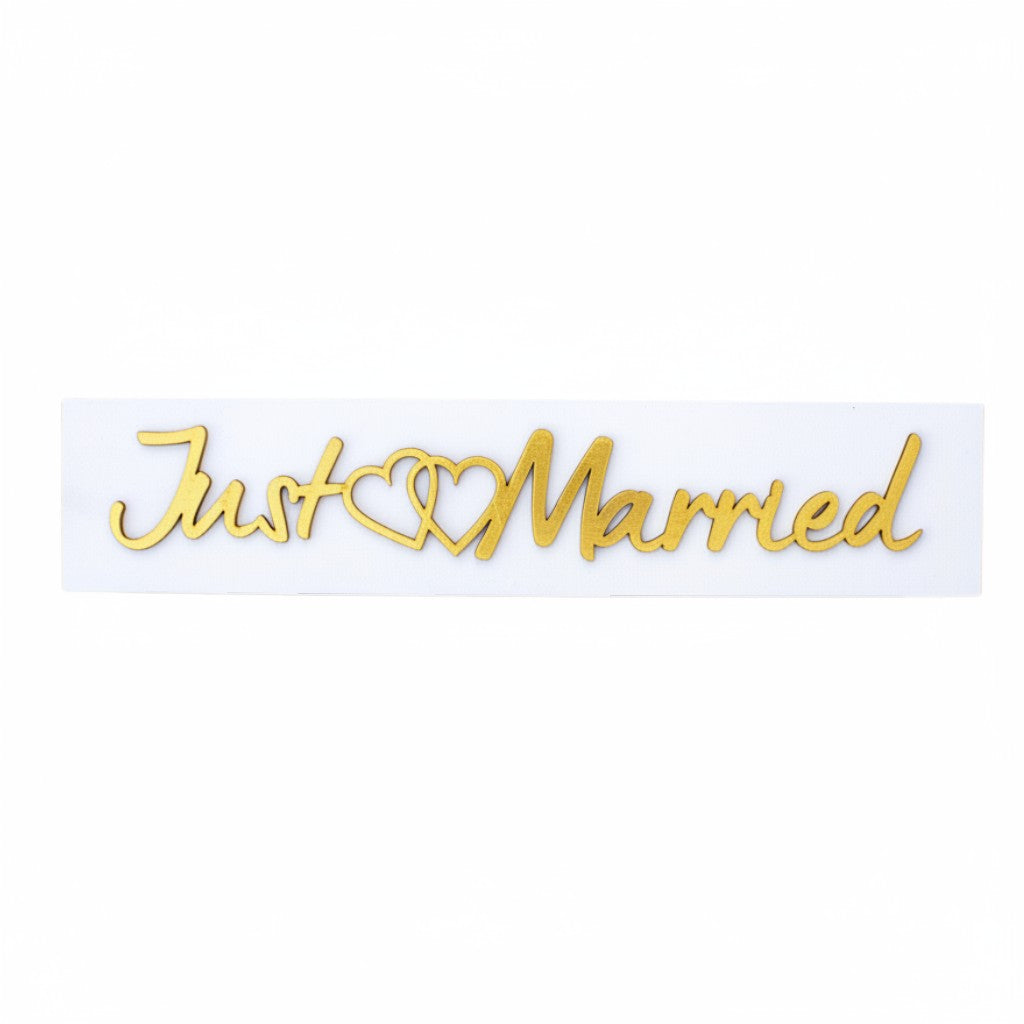 Wooderland custom wooden car plate featuring gold Just Married text with heart accents on a white rectangular base.