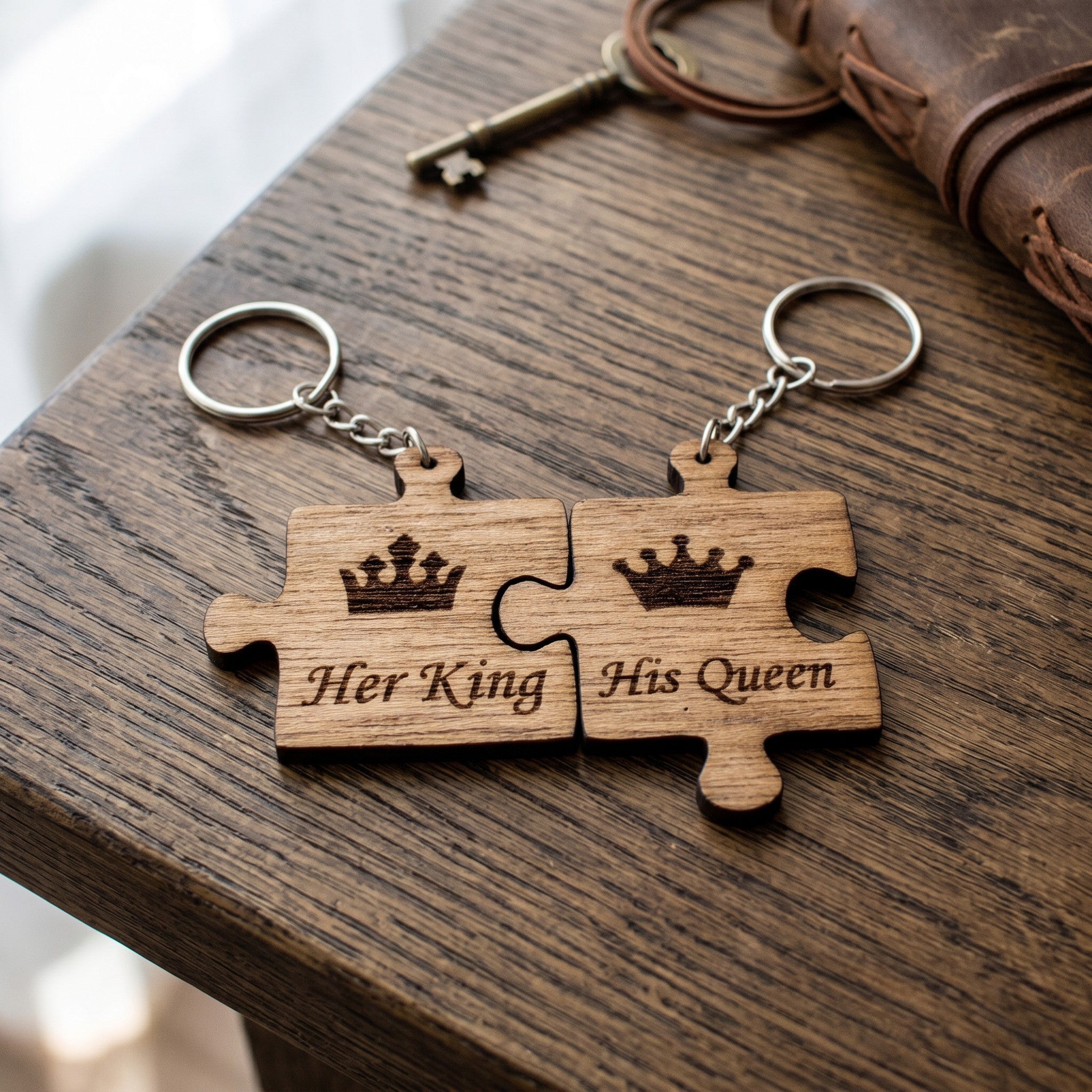 Wooderland King and Queen puzzle piece wooden keyrings for couples on a rustic wooden table
