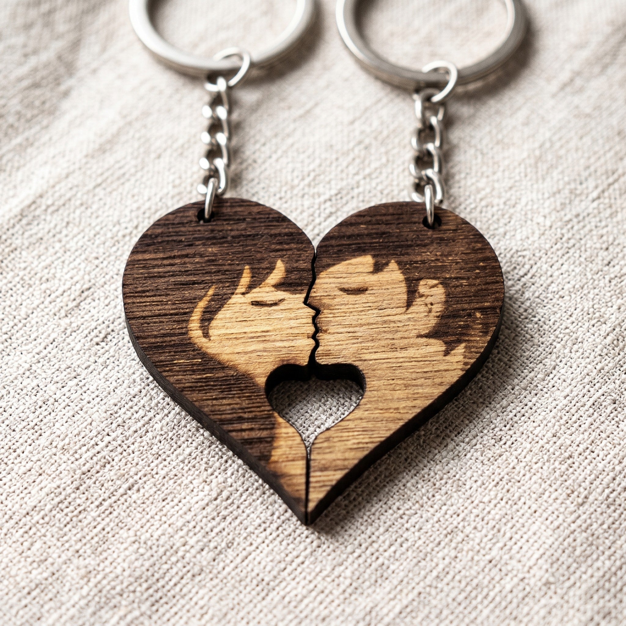 Wooderland Kiss Me wooden heart keyrings set featuring a couple kissing, perfect for couples or best friends.