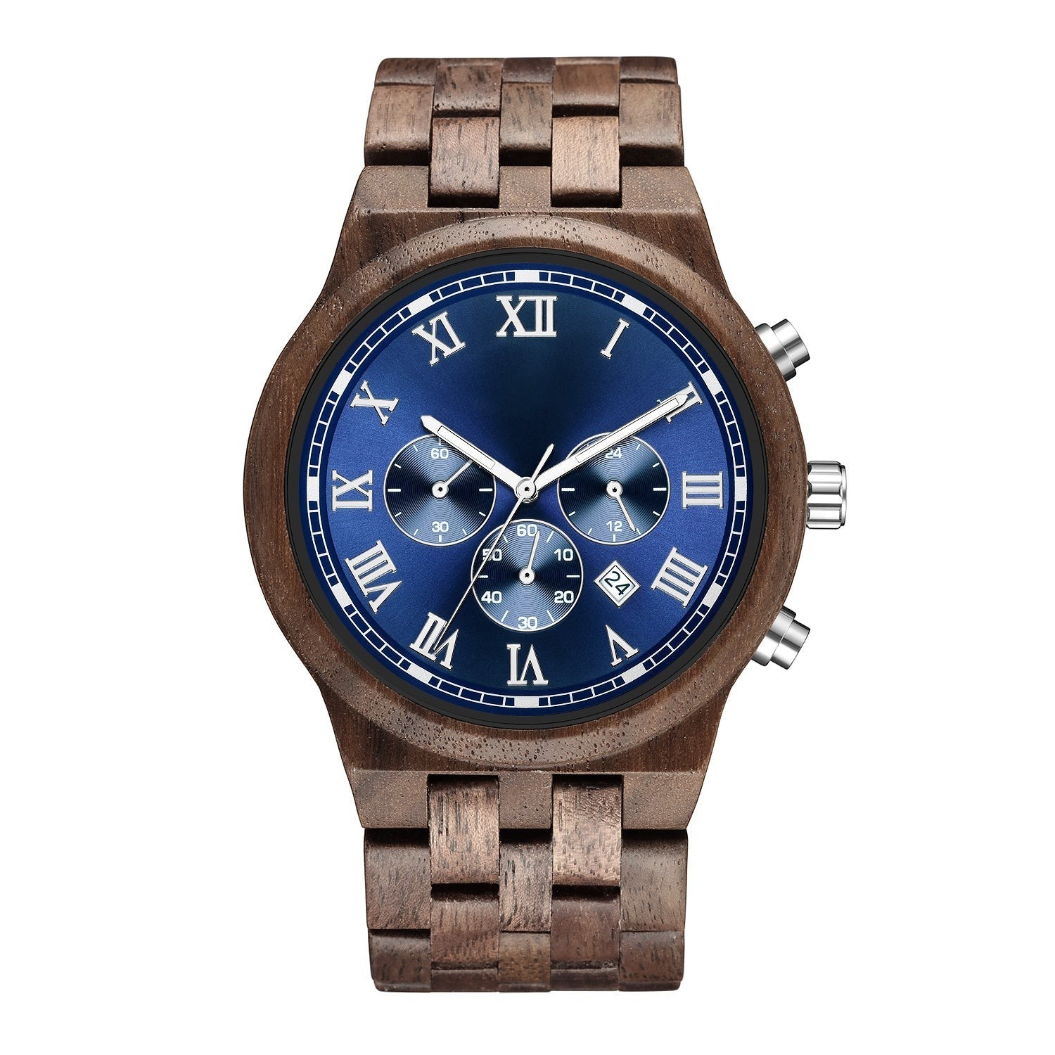Wooderland Mars wooden watch with a dark wood band, blue dial, Roman numerals, and multifunctional chronograph display.