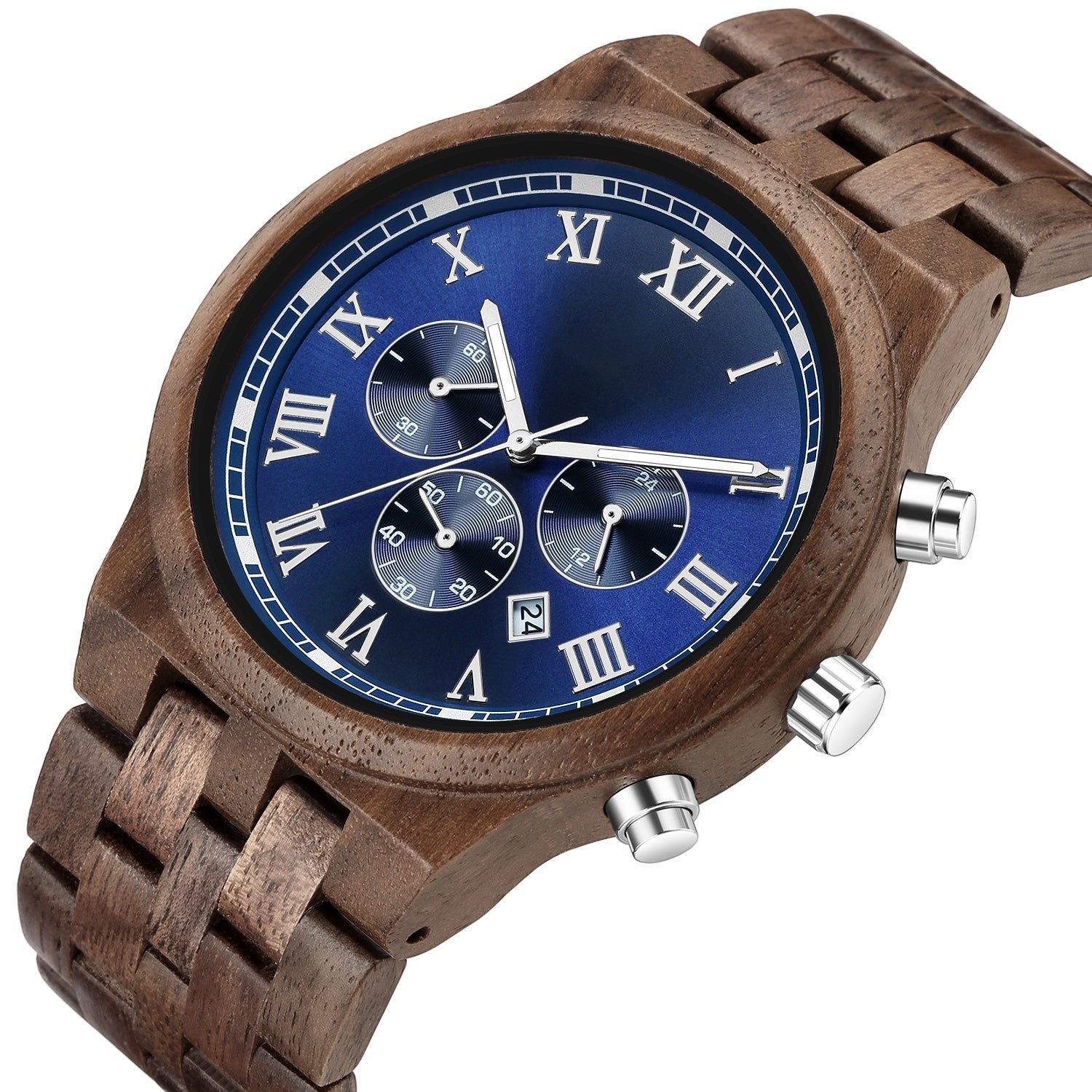 Wooderland Mars wooden watch with a blue dial, Roman numerals, and a multifunctional chronograph movement.