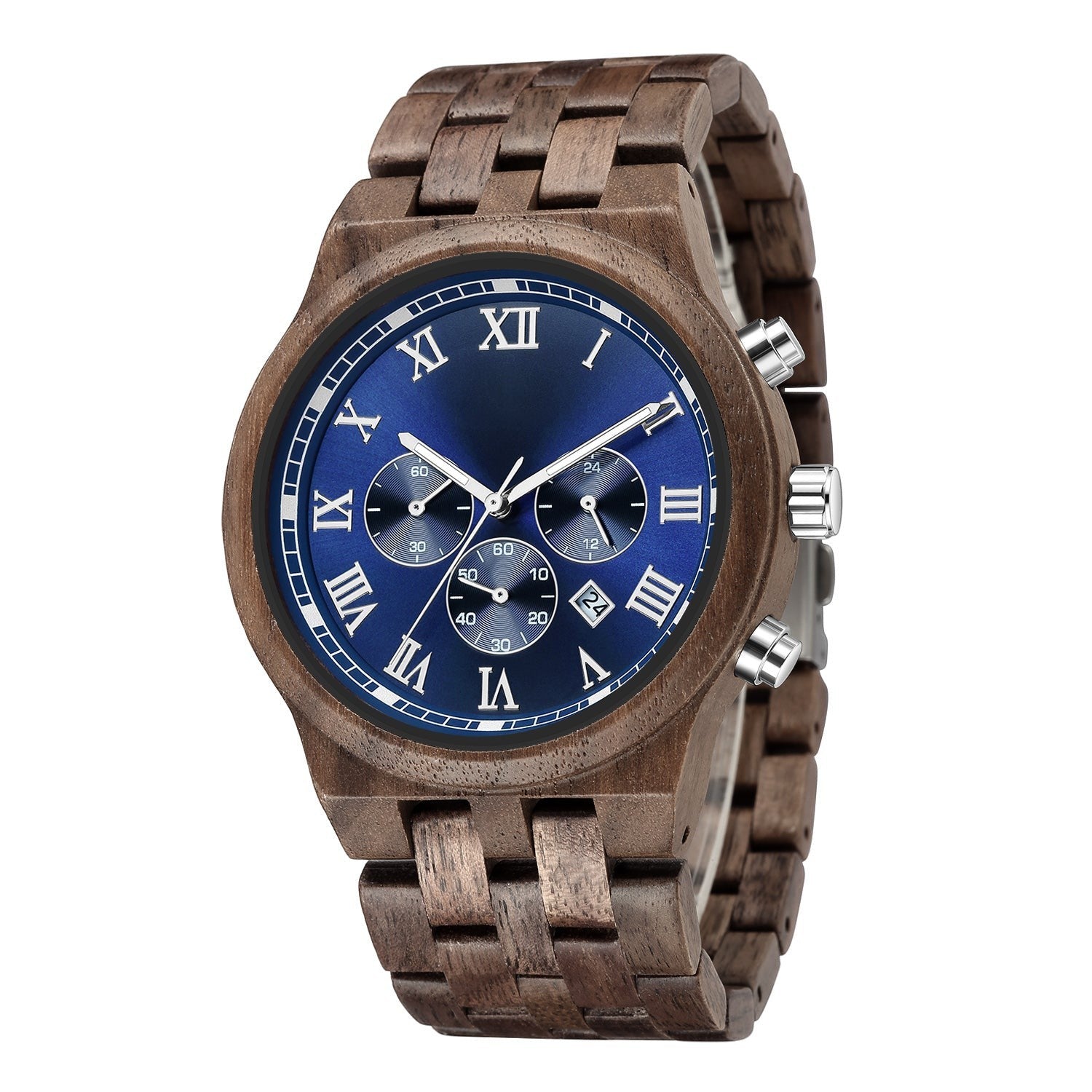 Wooderland Mars wooden watch with a dark brown wood band, blue dial, Roman numerals, and multifunctional sub-dials.