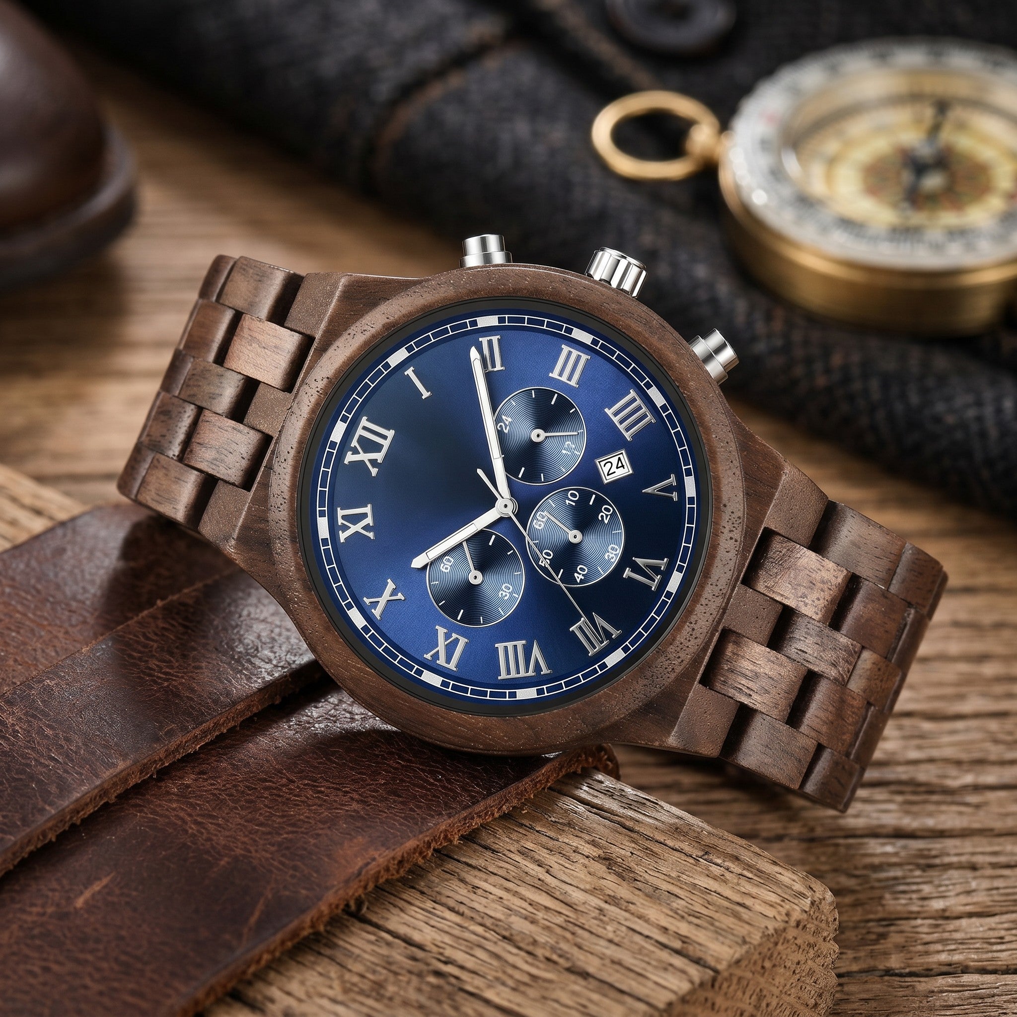 Wooderland Mars wooden watch with a blue dial, Roman numerals, and a multifunctional chronograph movement.