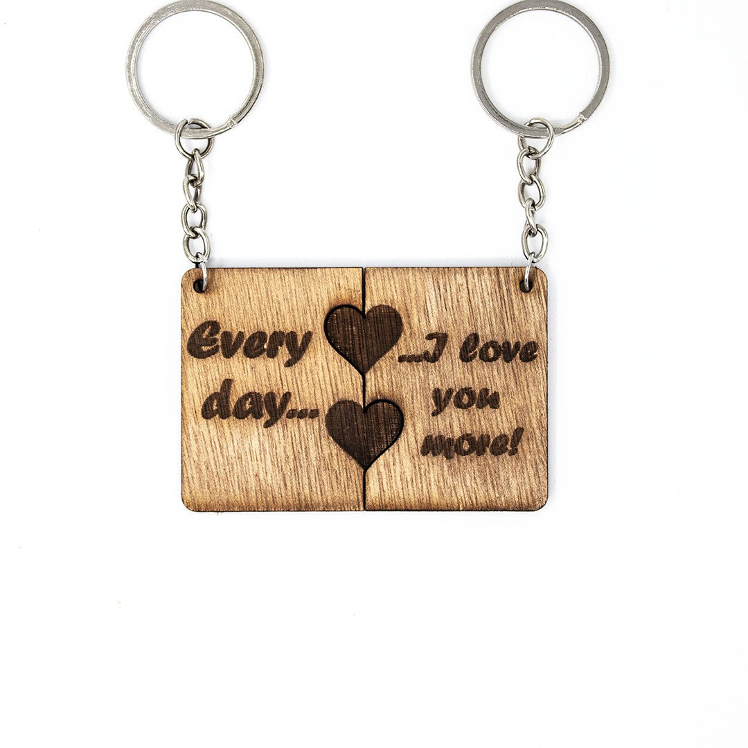 Wooderland matching wooden keyrings with engraved Every day I love you more text and heart puzzle design