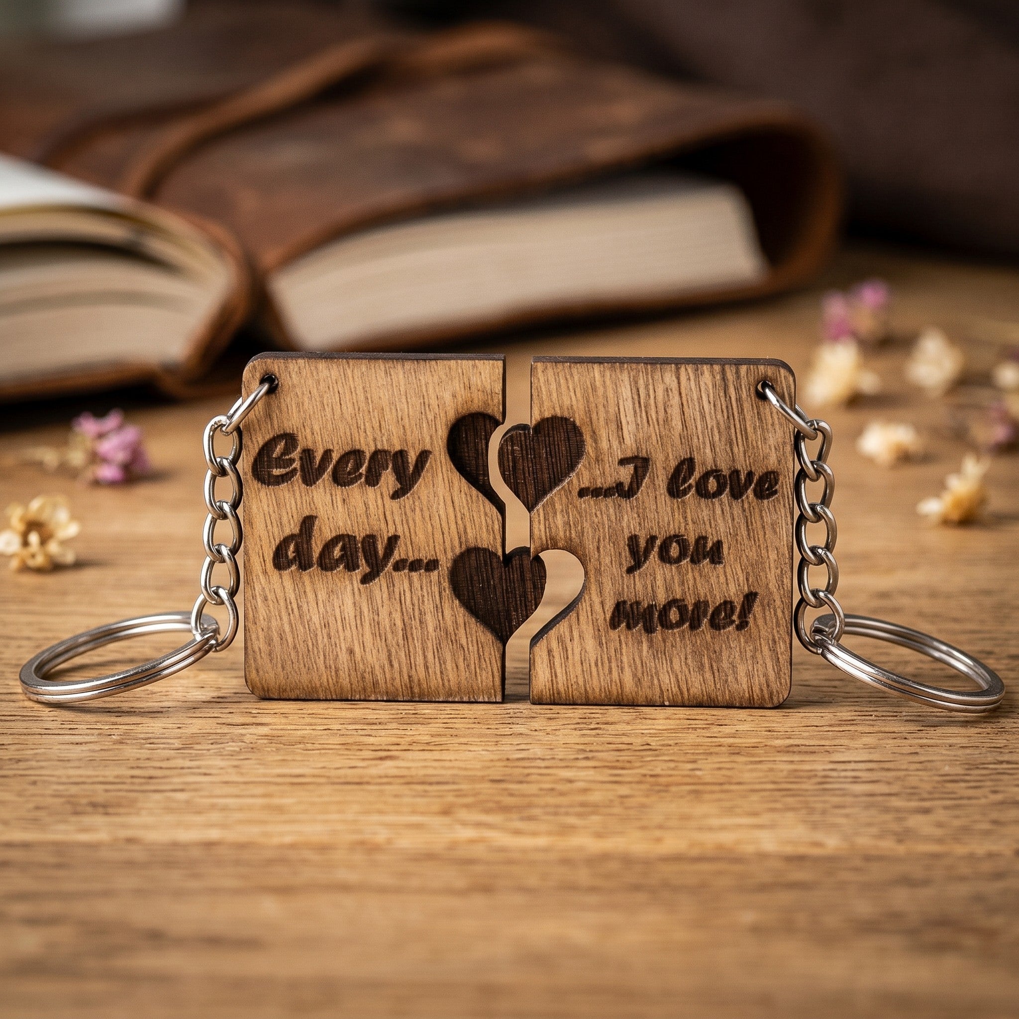 Wooderland matching wooden keyrings with heart cutouts and Every day... I love you more! engraving on a wooden table