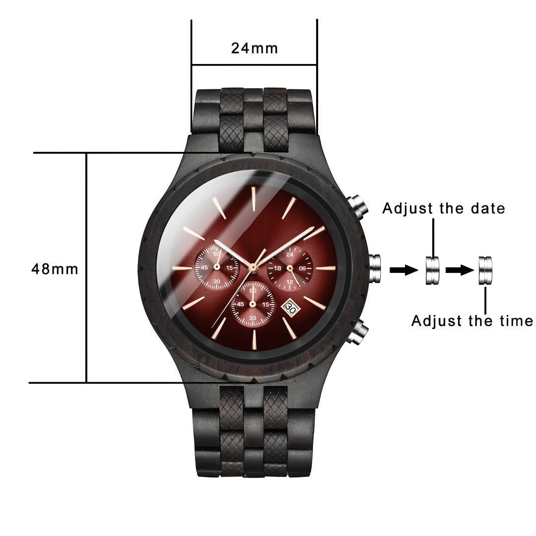 Wooderland Mercury wooden chronograph watch with a dark wood band, red face, and date display, 48mm by 24mm dimensions.