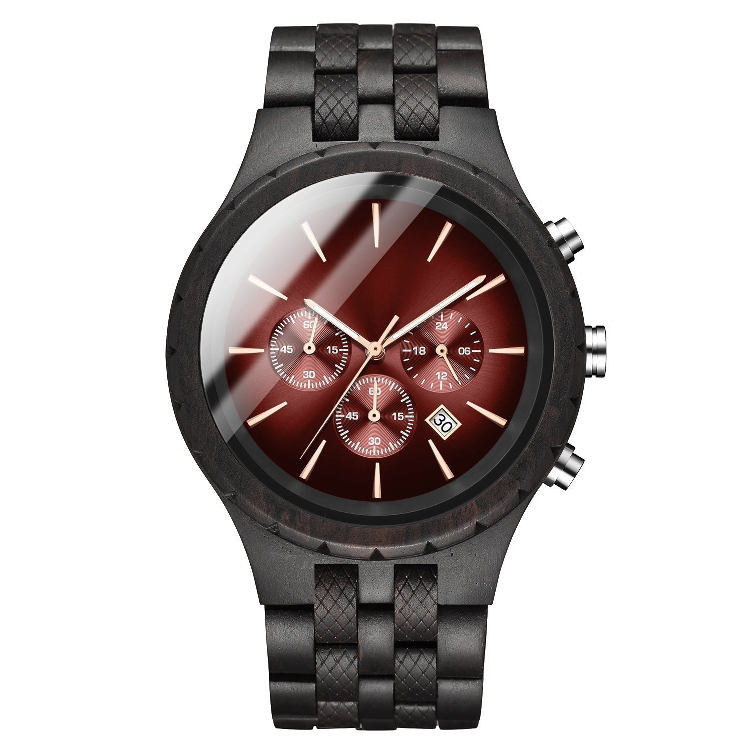 Wooderland Mercury wooden wristwatch with a dark brown finish, deep red dial, chronograph subdials, and date window.