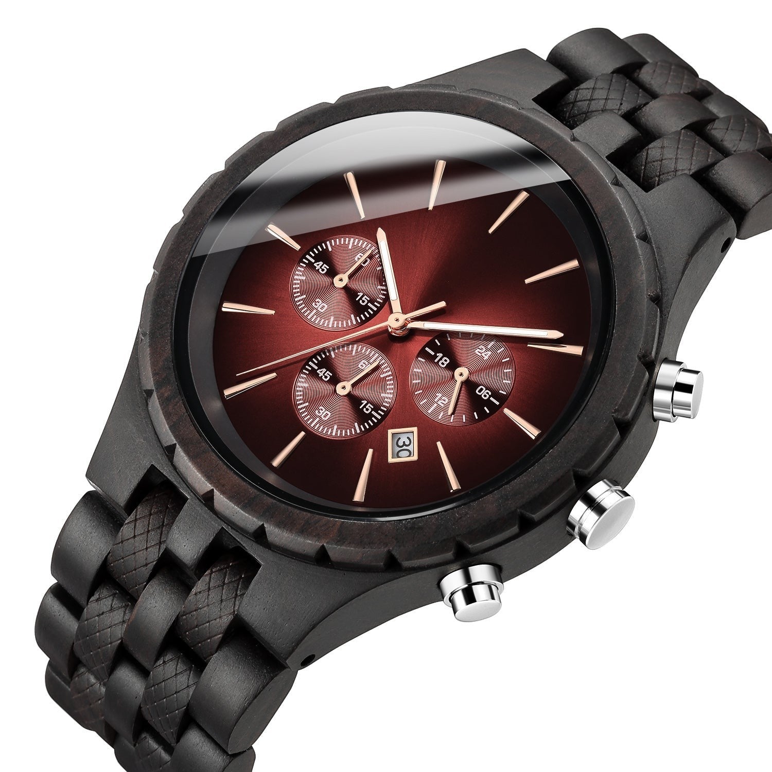 Wooderland Mercury wooden wristwatch with a dark brown wood band, deep red dial, and silver chronograph pushers.