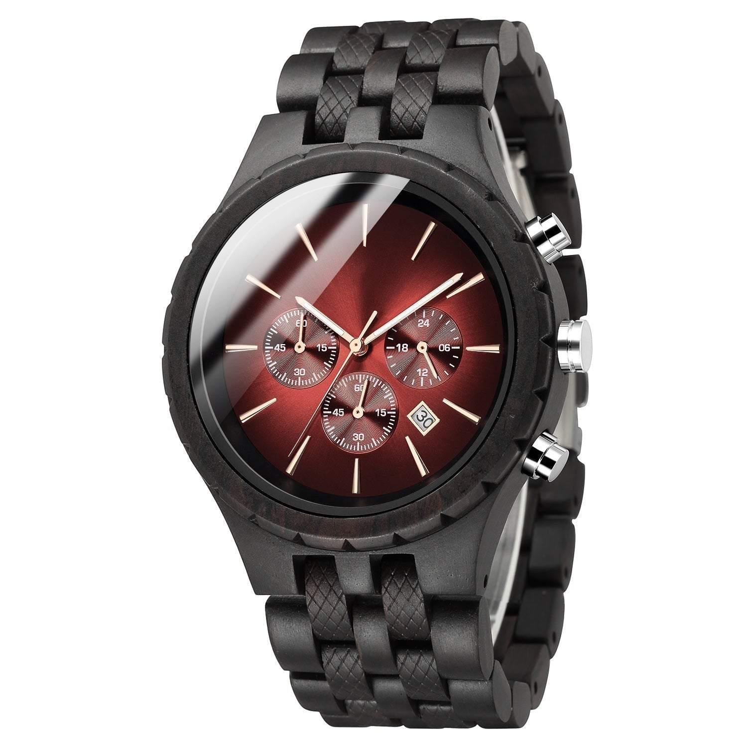 Wooderland Mercury wooden wristwatch with a dark wood band and a deep red chronograph dial featuring a calendar window.