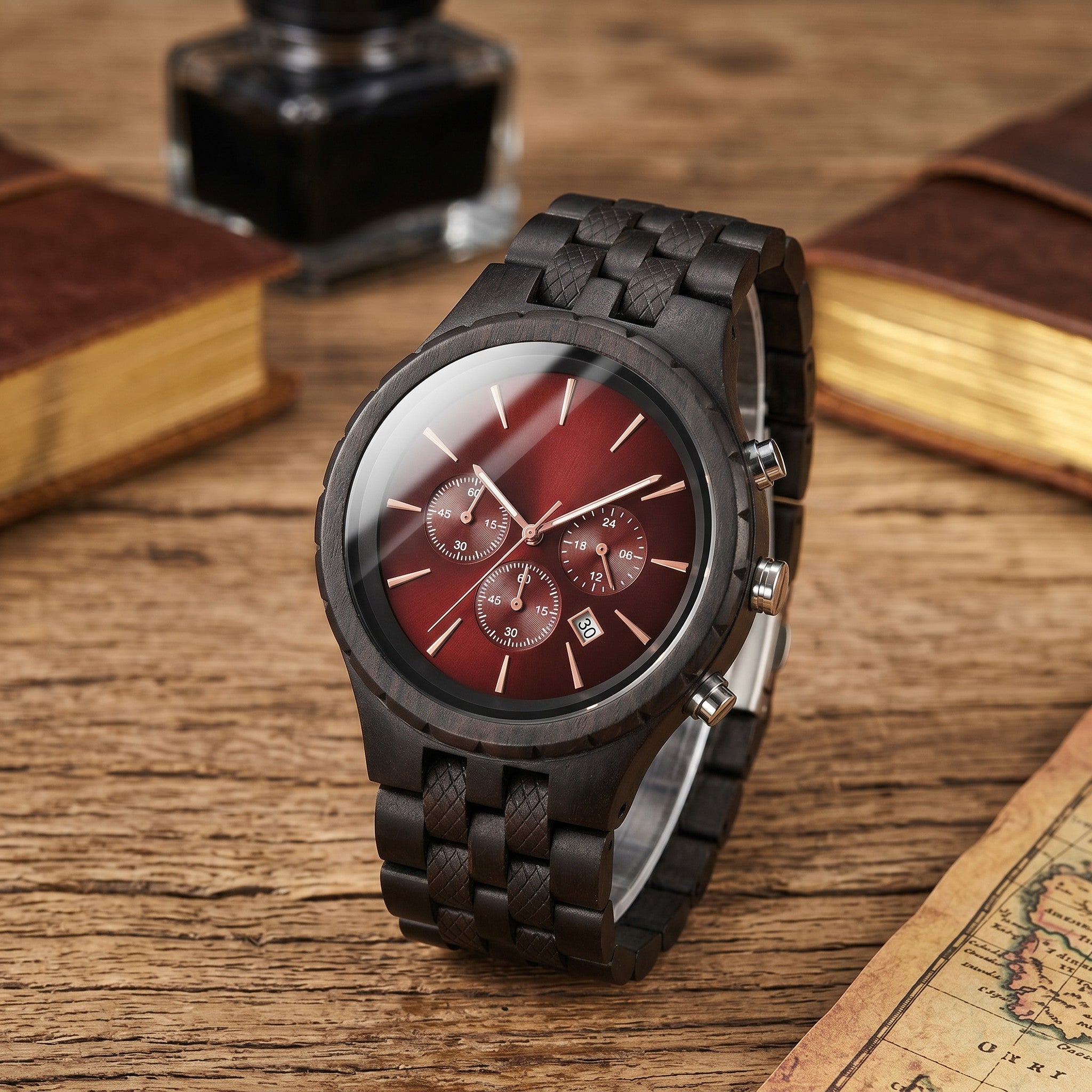Wooderland Mercury wooden chronograph watch with a dark wood band and a deep red dial on a rustic wooden table.