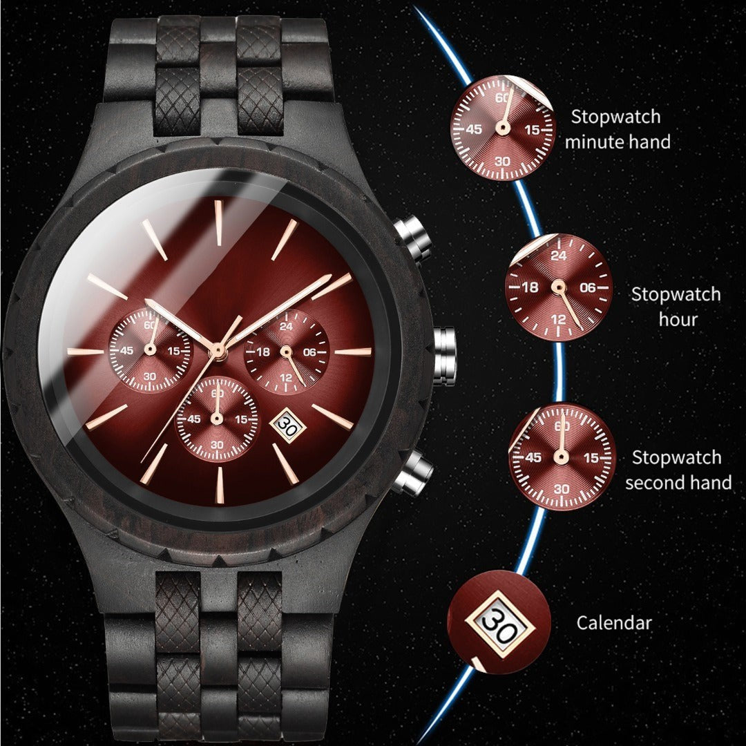 Wooderland Mercury wooden wristwatch with dark wood band, deep red dial, and chronograph stopwatch features.