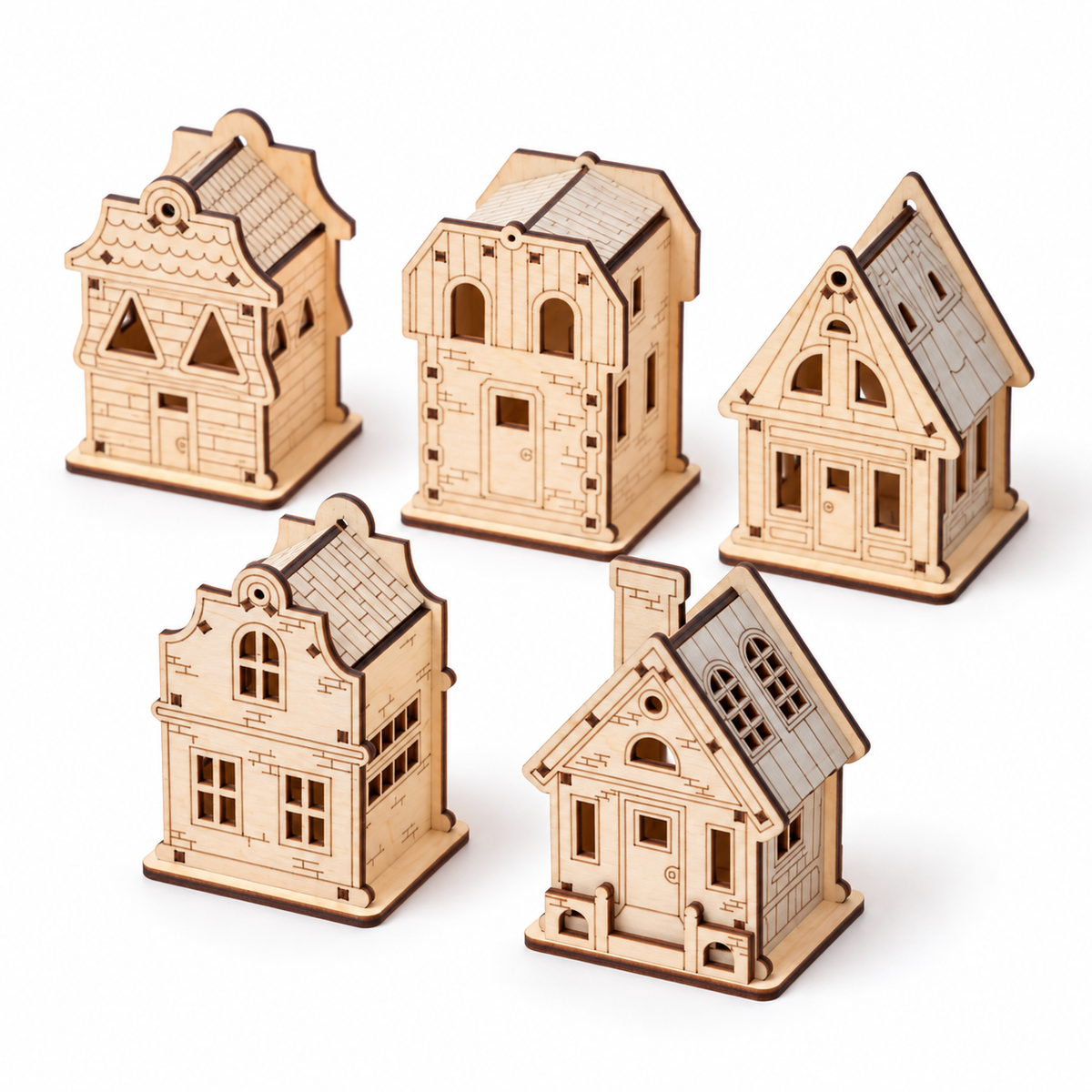 Draft mockup of five natural wood miniature Christmas houses without lighting