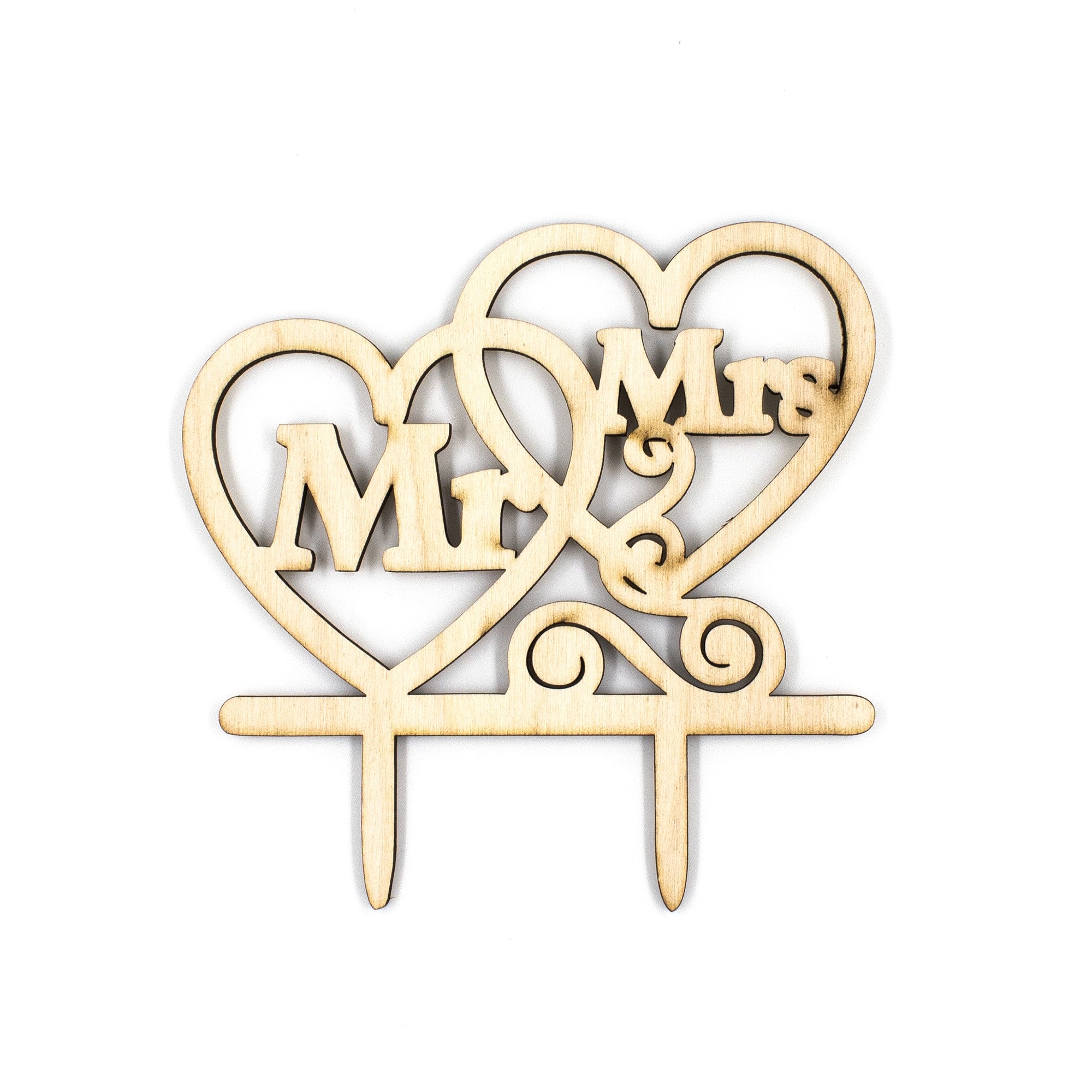 Wooderland Mr & Mrs wooden cake topper with interlocking heart design for wedding cakes