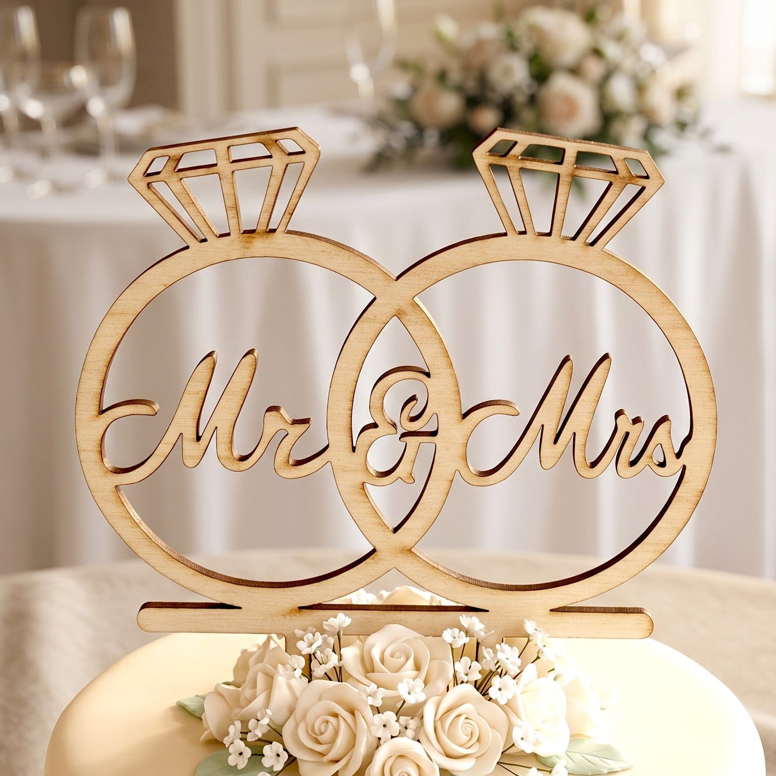 Wooderland laser-cut wooden Mr & Mrs cake topper featuring two interlocking diamond rings on a wedding cake.