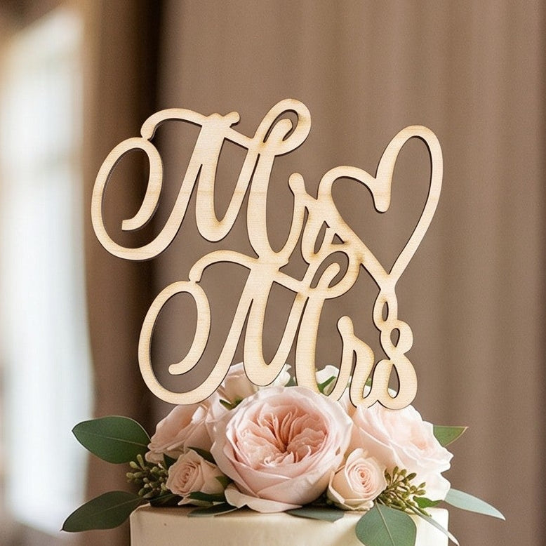 Wooderland Mr & Mrs wooden wedding cake topper in elegant laser-cut script on a three-tier white floral cake