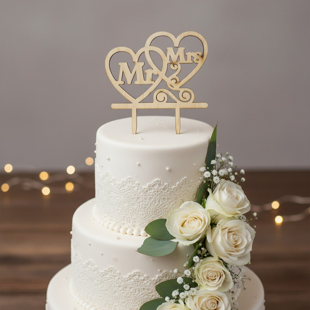 Wooderland Mr & Mrs wooden cake topper featuring interlocking hearts on a white tiered wedding cake with roses.